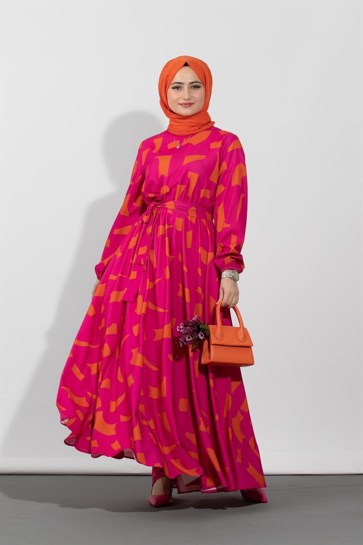 Geometric Viscose Fabric Desing Dress- Fuchsia