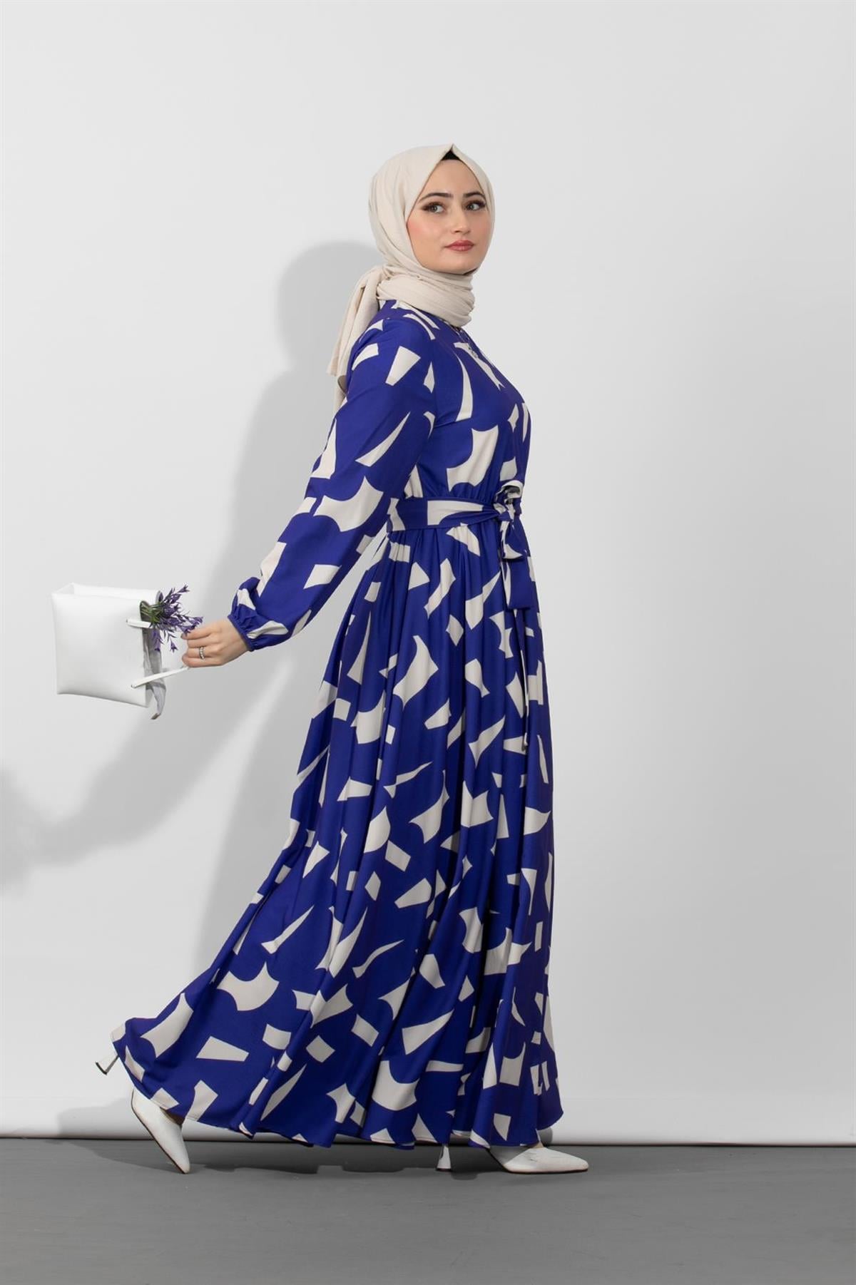 Geometric Viscose Fabric Desing Dress- Navy Blue White
