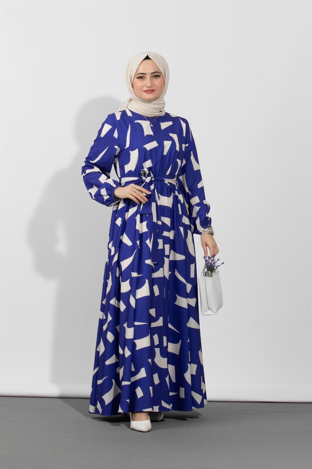 Geometric Viscose Fabric Desing Dress- Navy Blue White