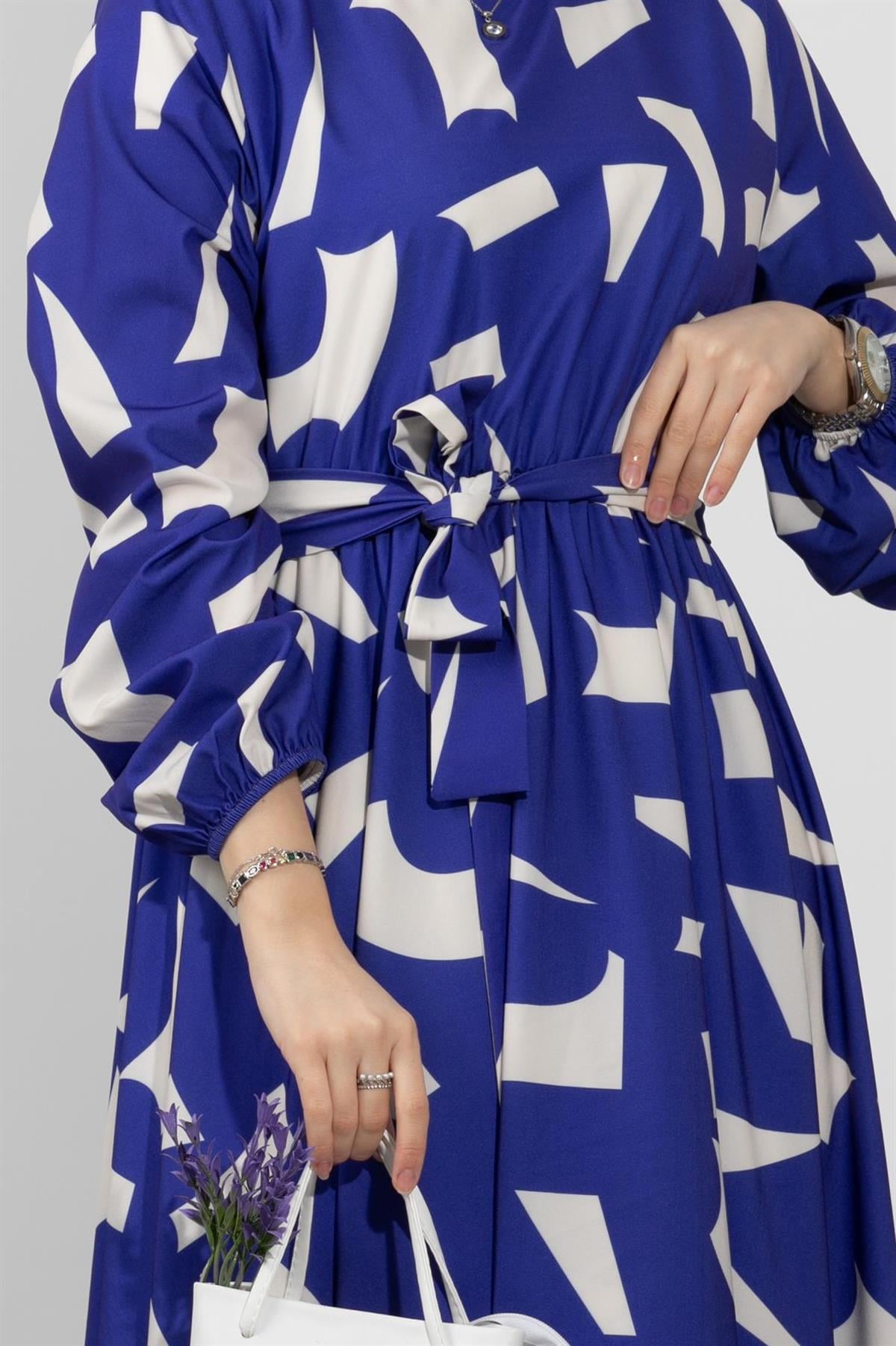Geometric Viscose Fabric Desing Dress- Navy Blue White