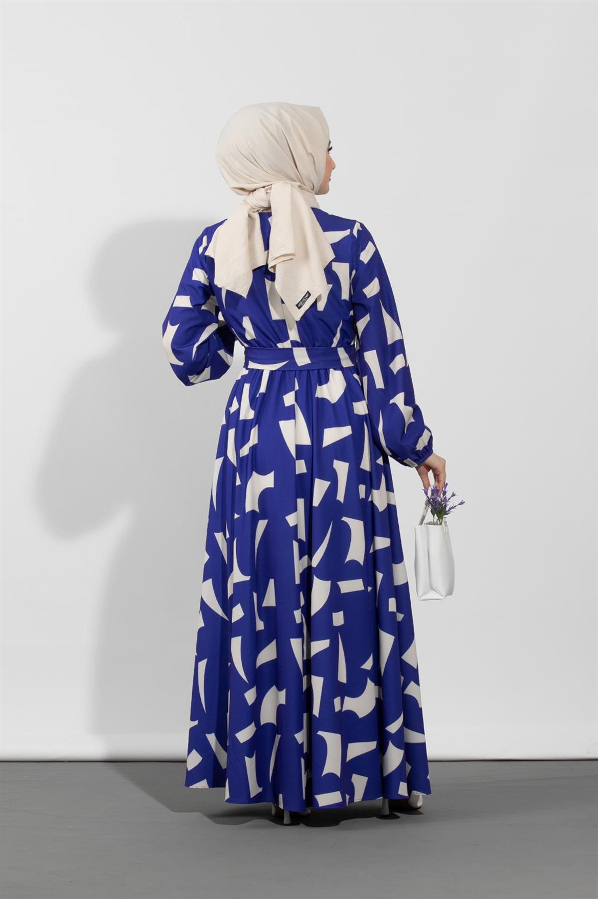 Geometric Viscose Fabric Desing Dress- Navy Blue White