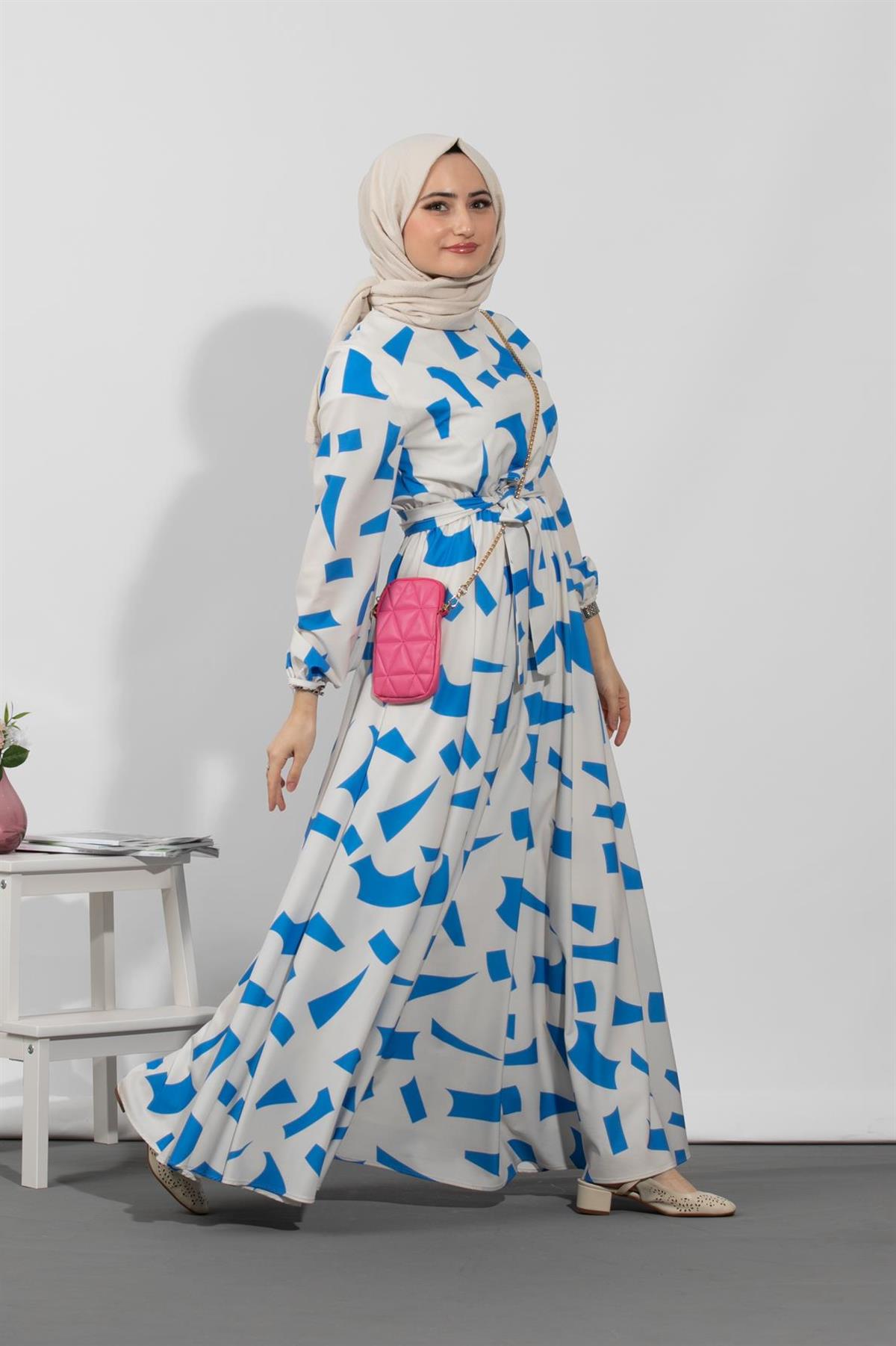 Geometric Viscose Fabric Desing Dress- Blue White