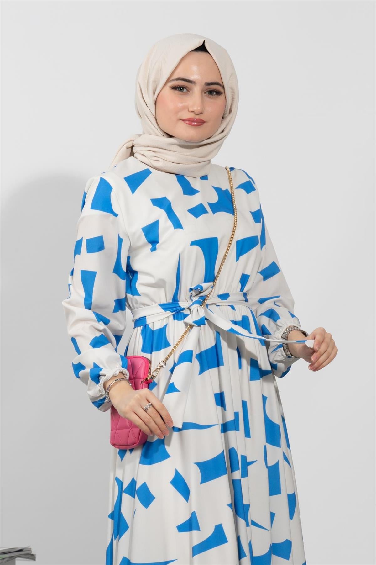 Geometric Viscose Fabric Desing Dress- Blue White