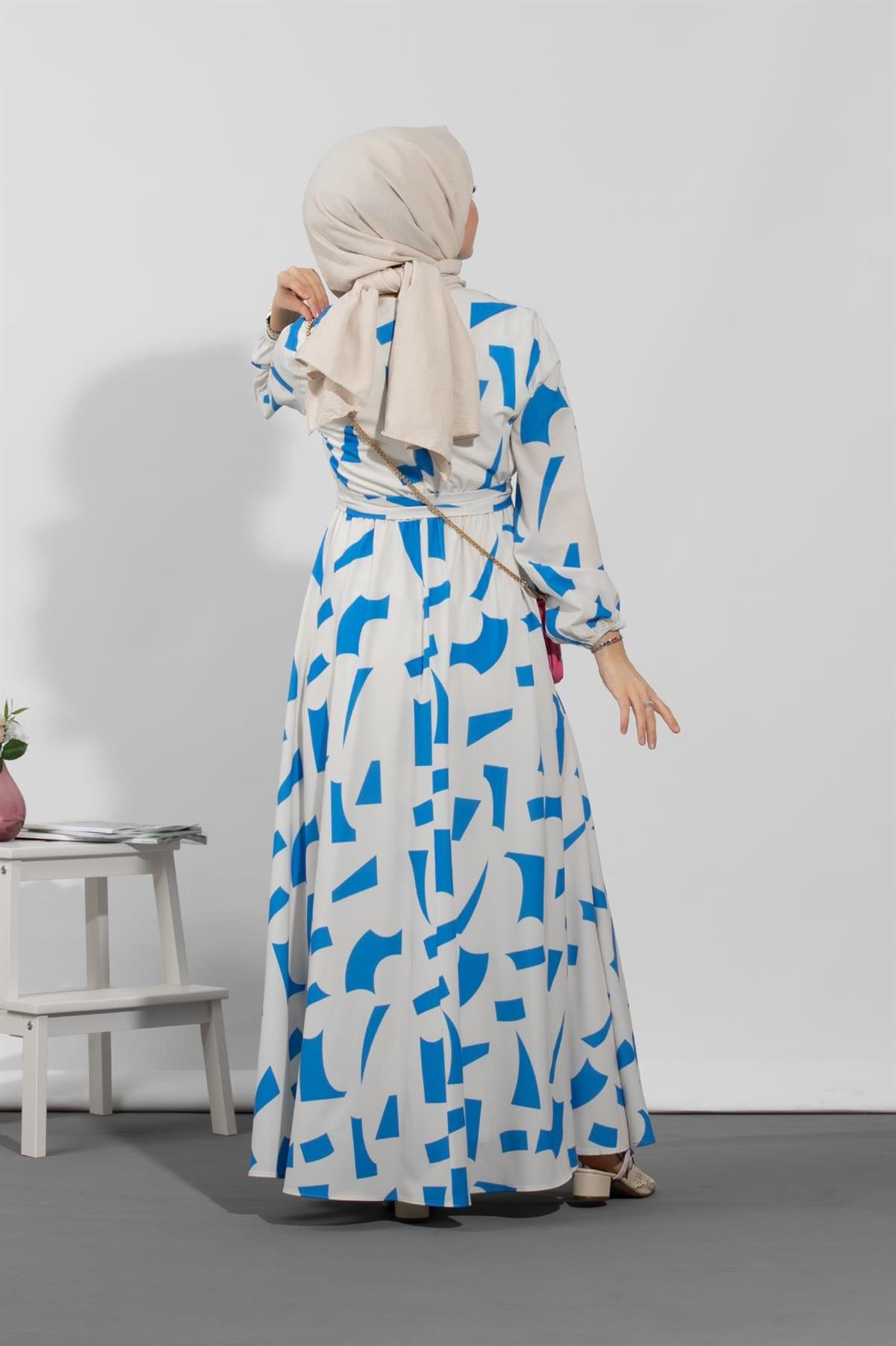 Geometric Viscose Fabric Desing Dress- Blue White