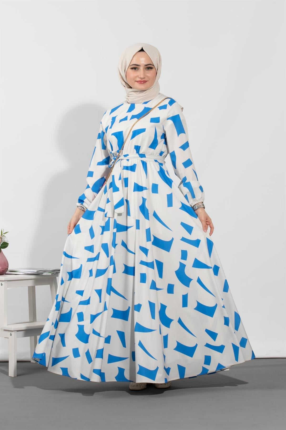Geometric Viscose Fabric Desing Dress- Blue White