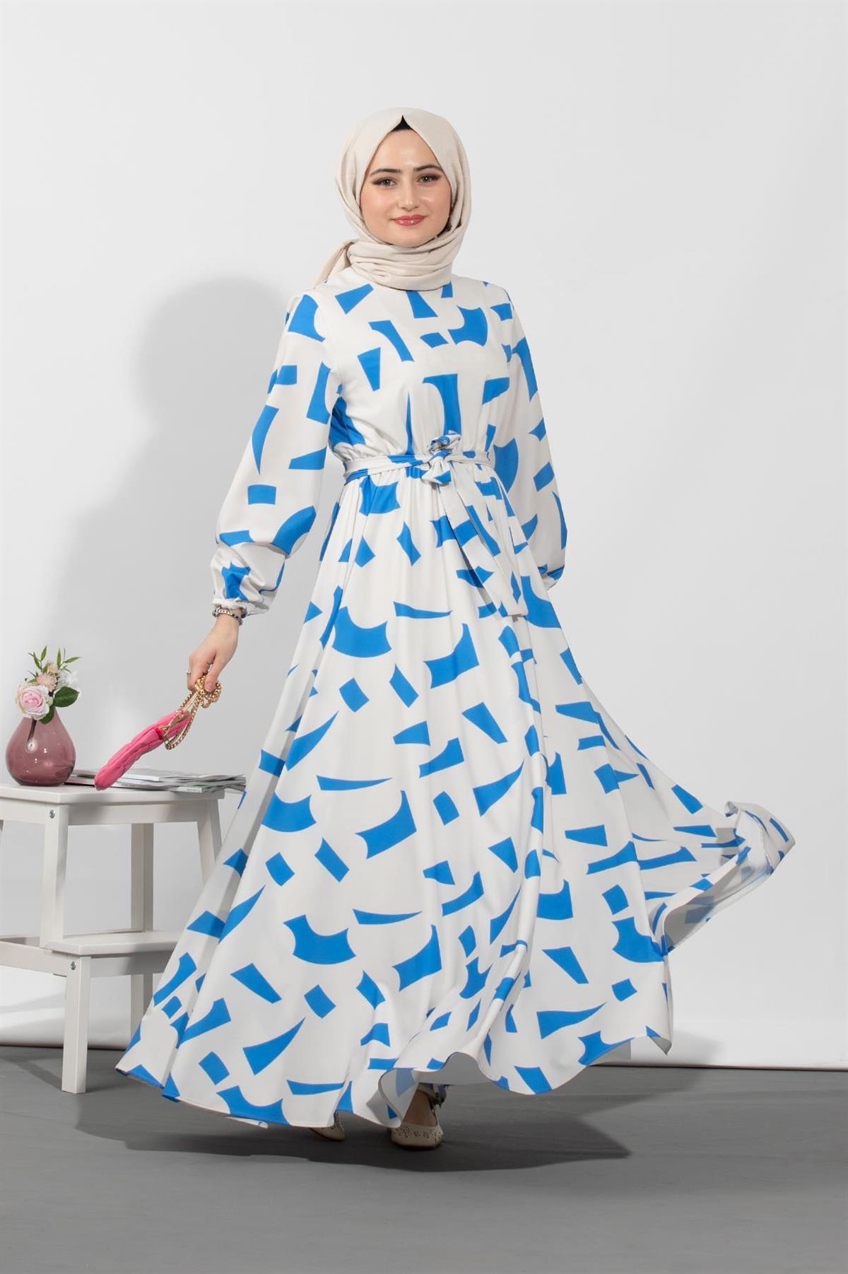 Geometric Viscose Fabric Desing Dress- Blue White