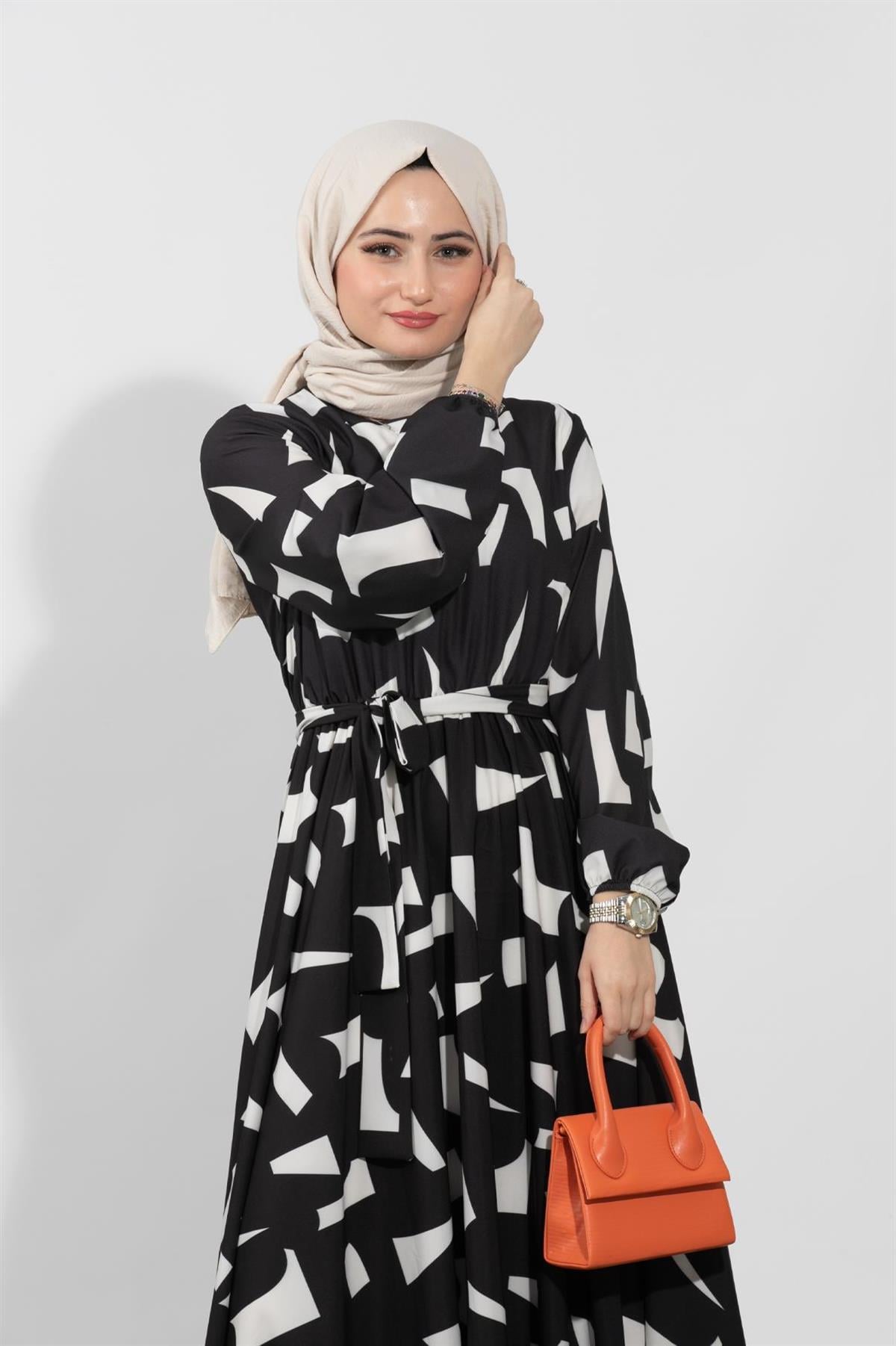 Geometric Viscose Fabric Desing Dress- Black White