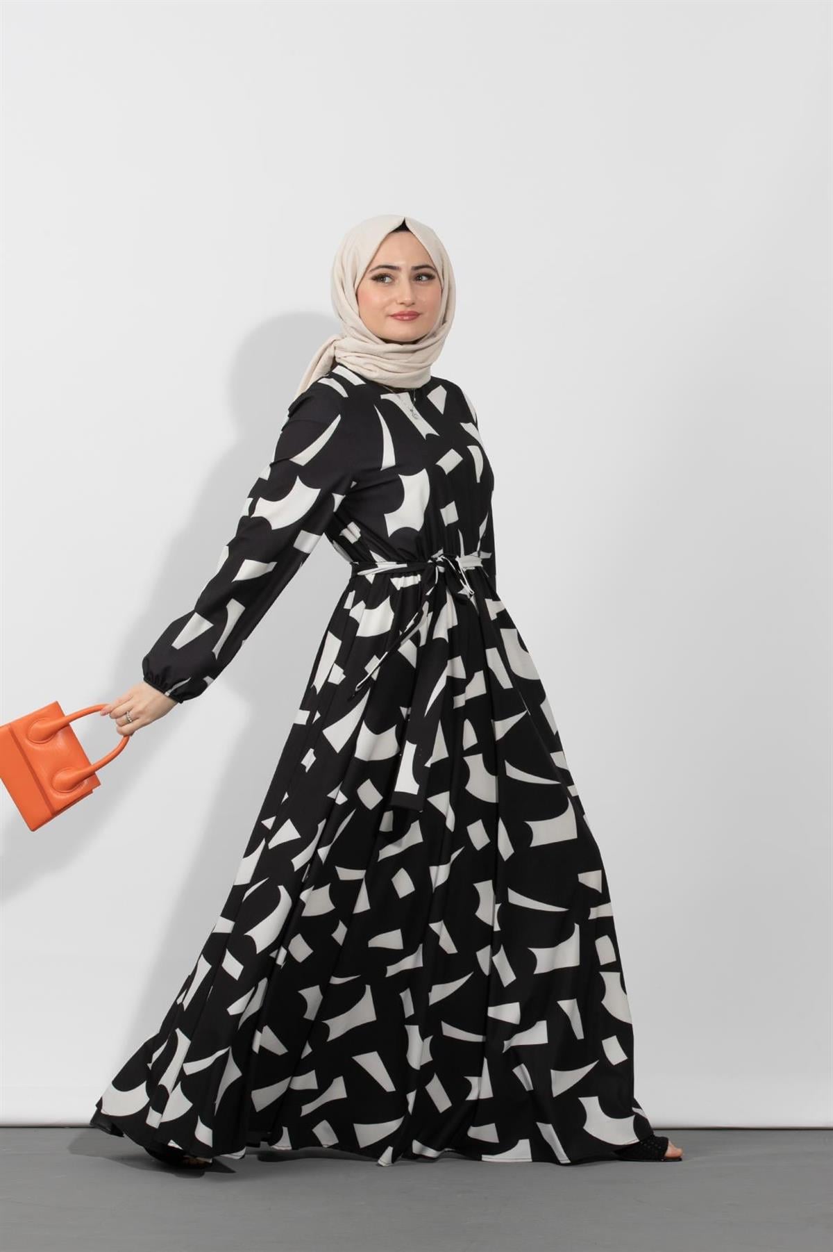Geometric Viscose Fabric Desing Dress- Black White