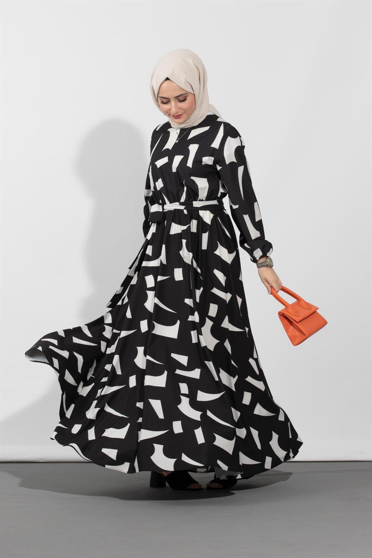 Geometric Viscose Fabric Desing Dress- Black White