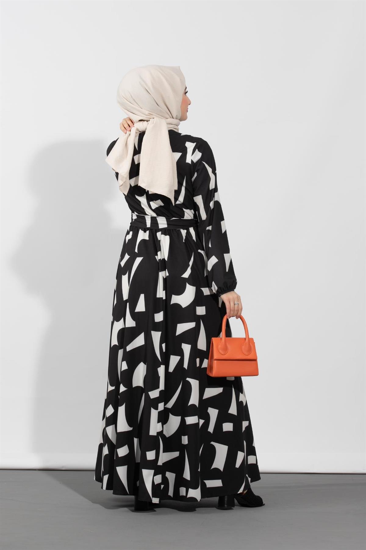 Geometric Viscose Fabric Desing Dress- Black White
