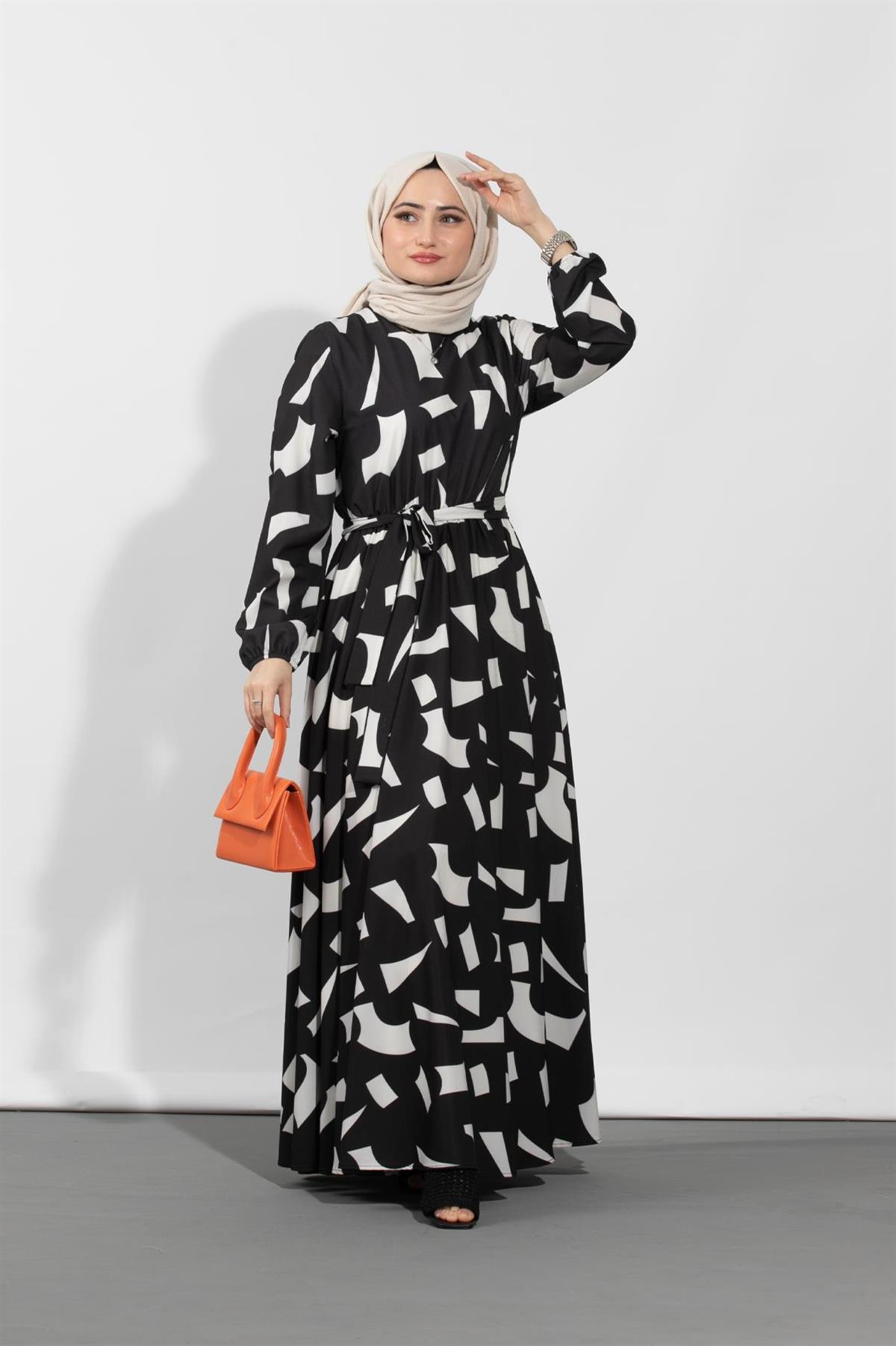 Geometric Viscose Fabric Desing Dress- Black White