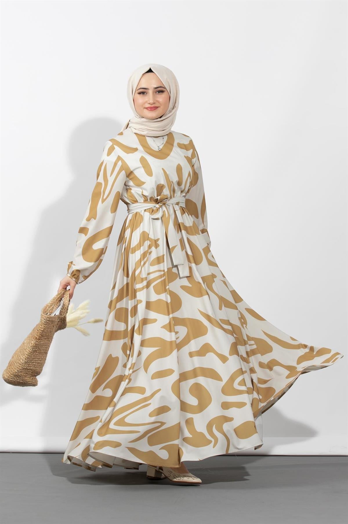 Geometric Viscose Fabric Desing Dress-Mink