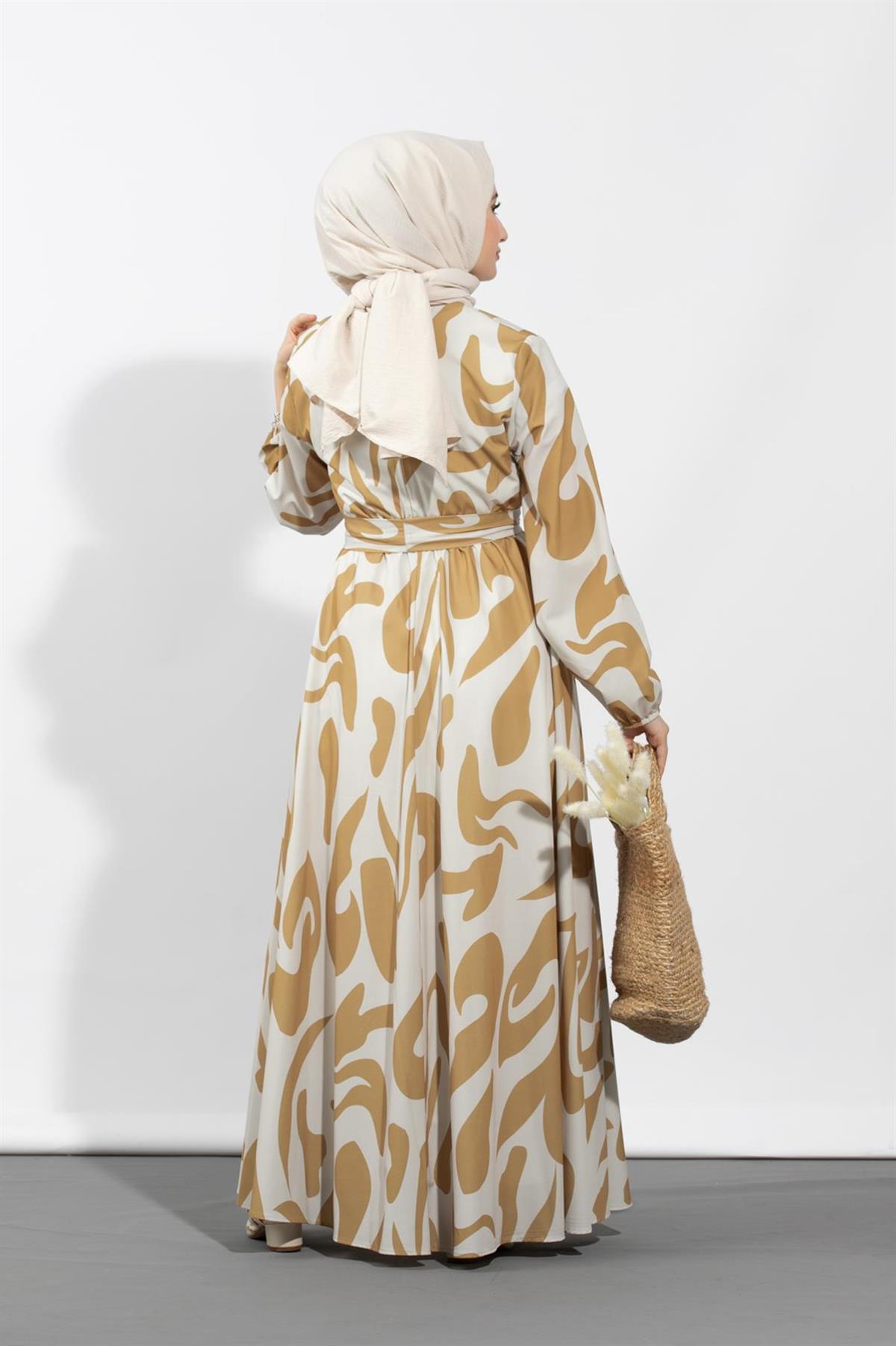 Geometric Viscose Fabric Desing Dress-Mink