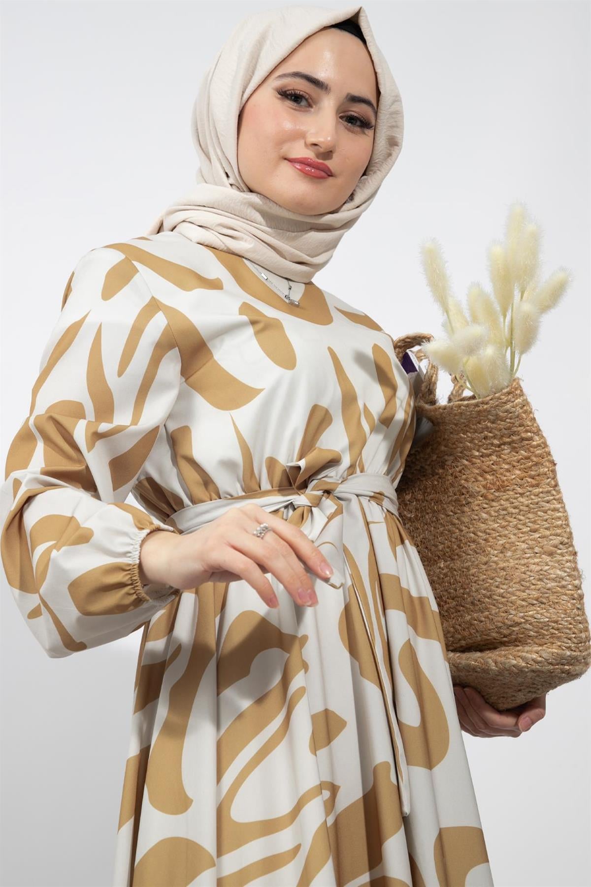 Geometric Viscose Fabric Desing Dress-Mink