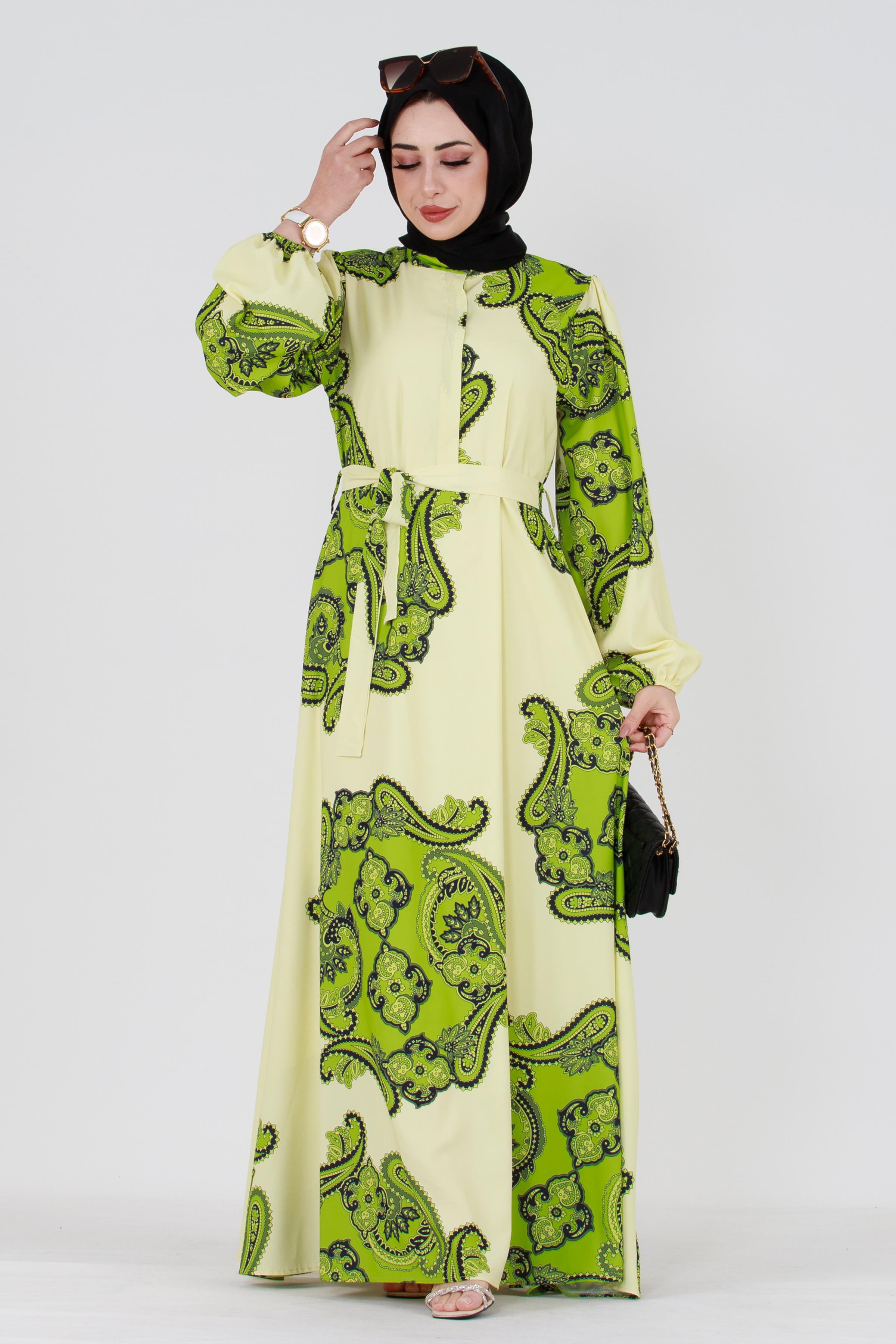 Hidden Button Shawl Pattern Dress - Green