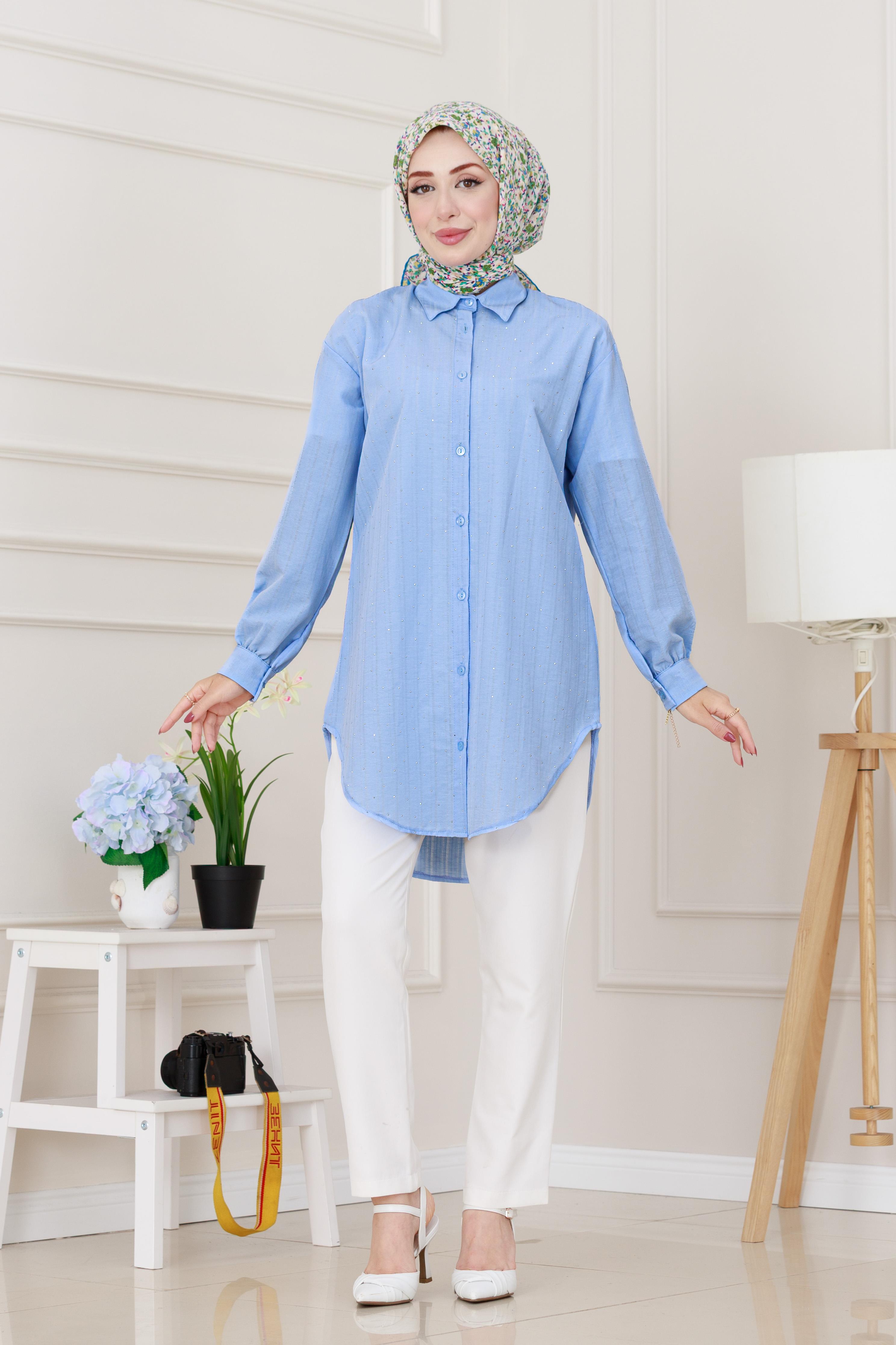 Göğüsü Taş Detaylı Oversize Tunik-Bebe mavi