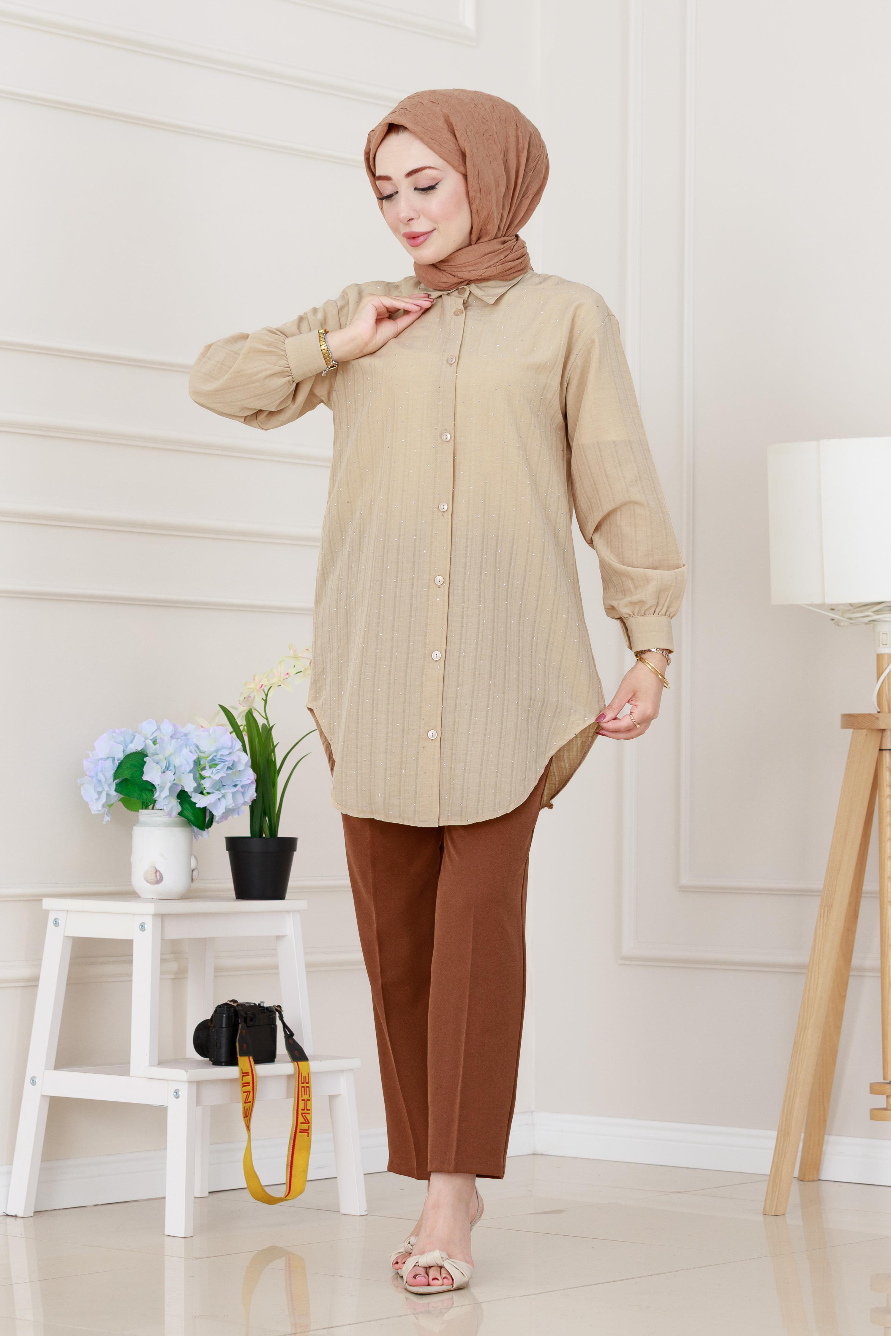 Göğüsü Taş Detaylı Oversize Tunik-Bej