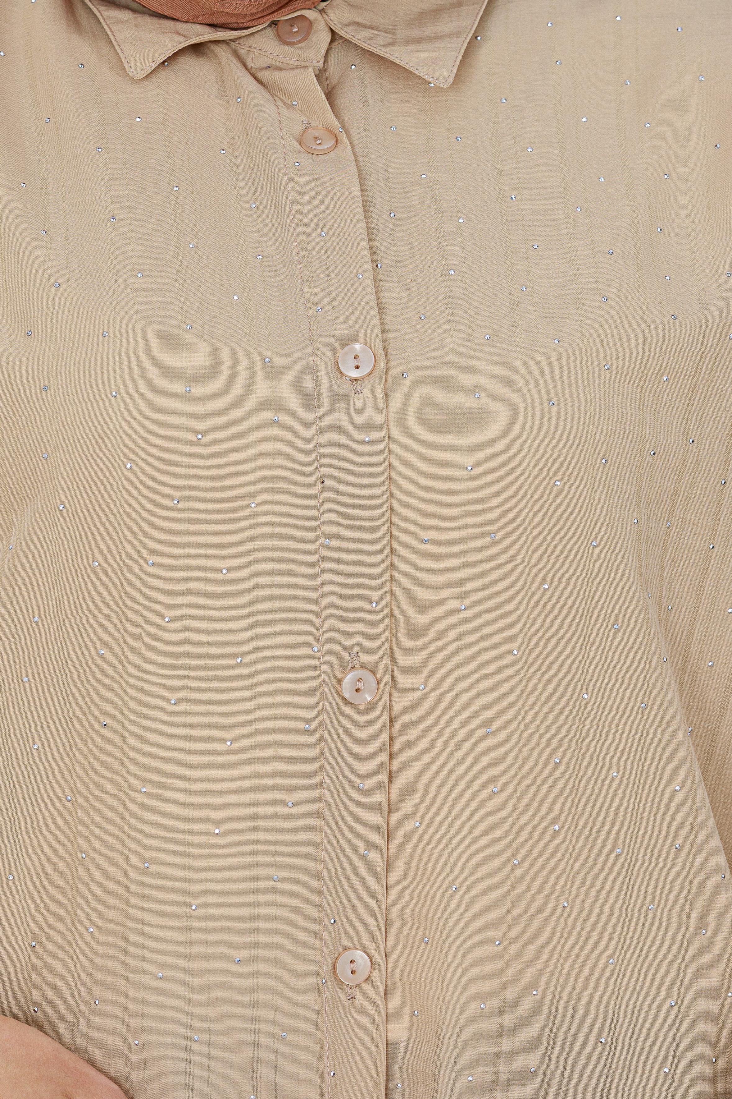 Göğüsü Taş Detaylı Oversize Tunik-Bej