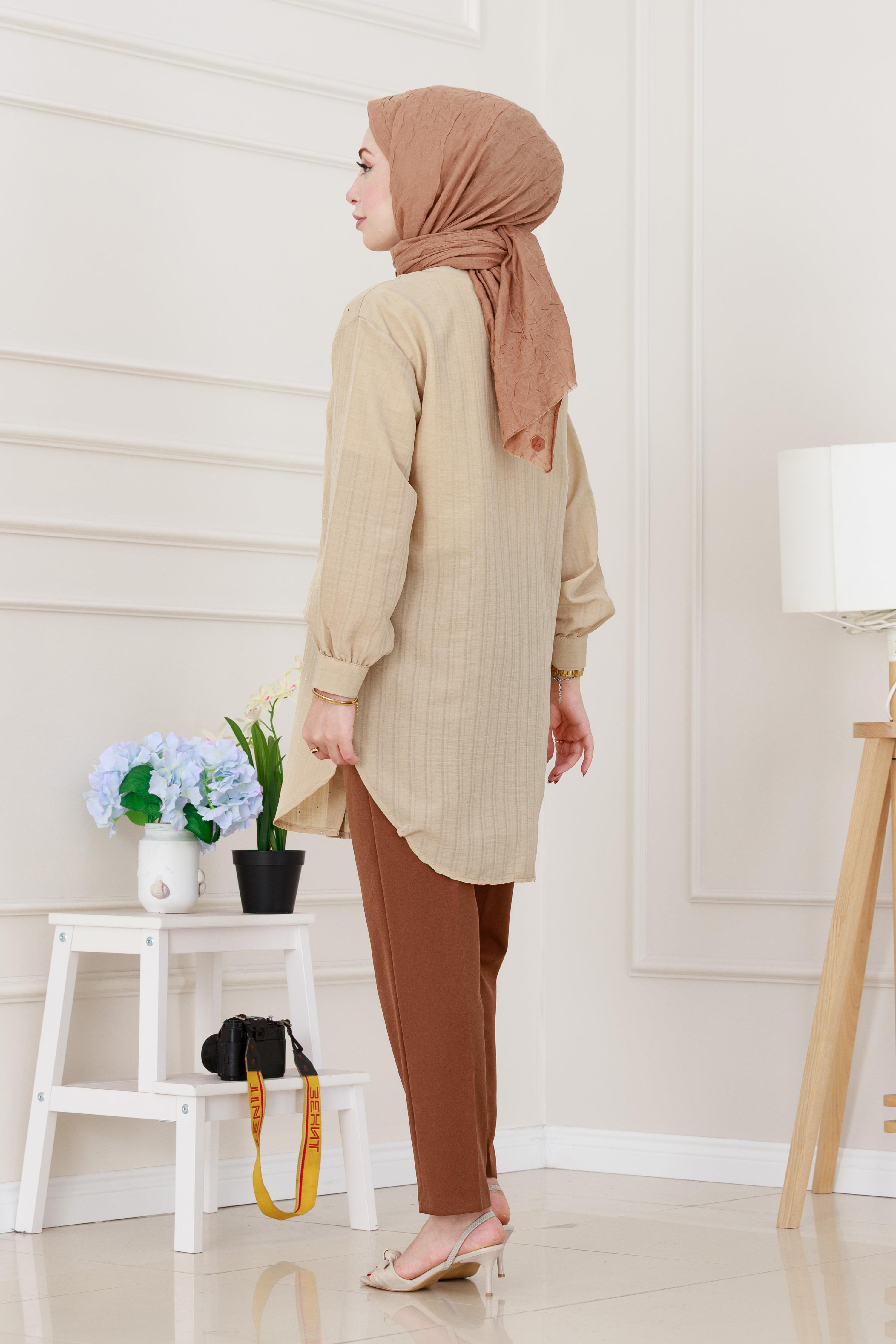 Göğüsü Taş Detaylı Oversize Tunik-Bej