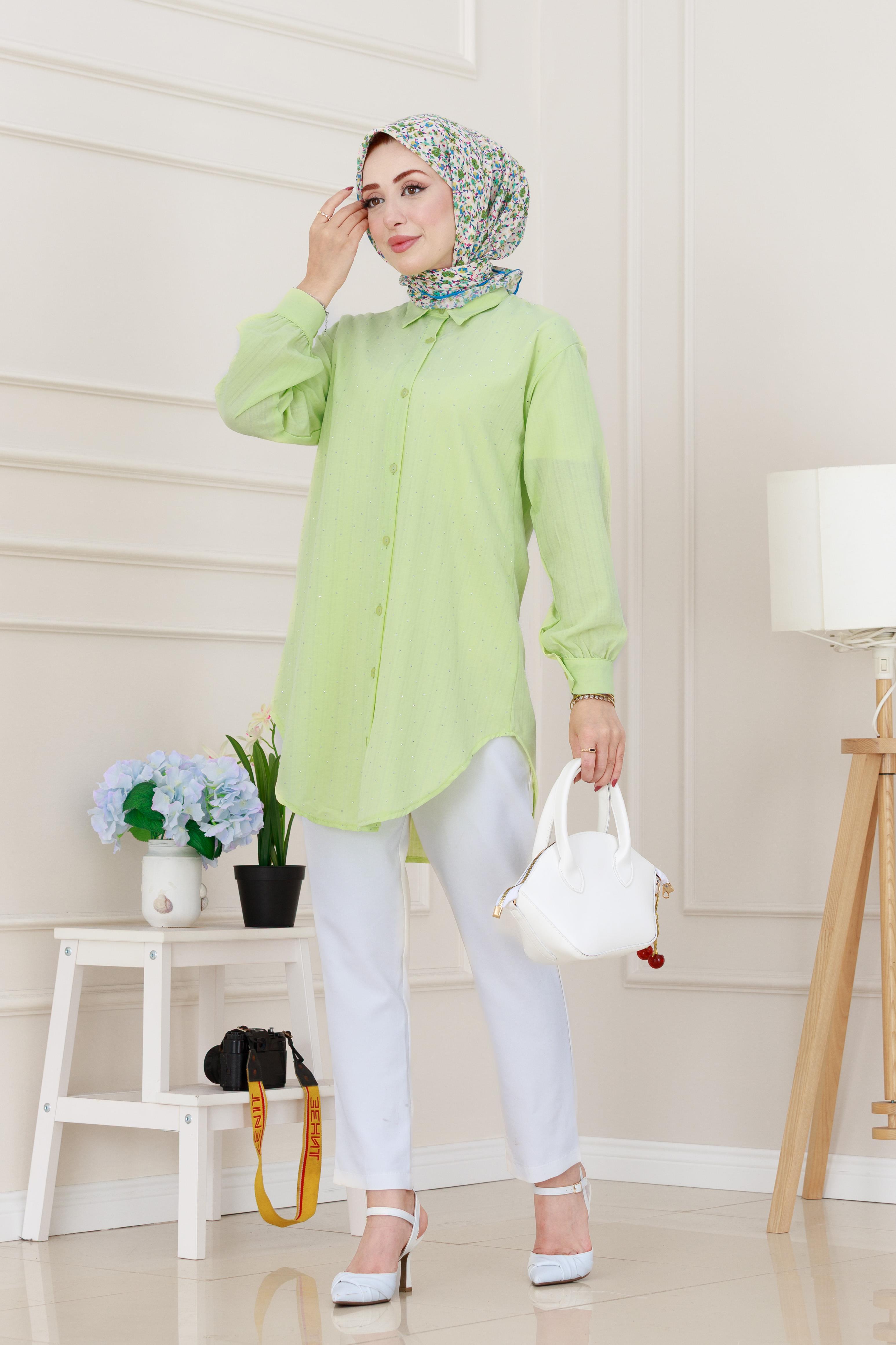 Göğüsü Taş Detaylı Oversize Tunik-Sarı