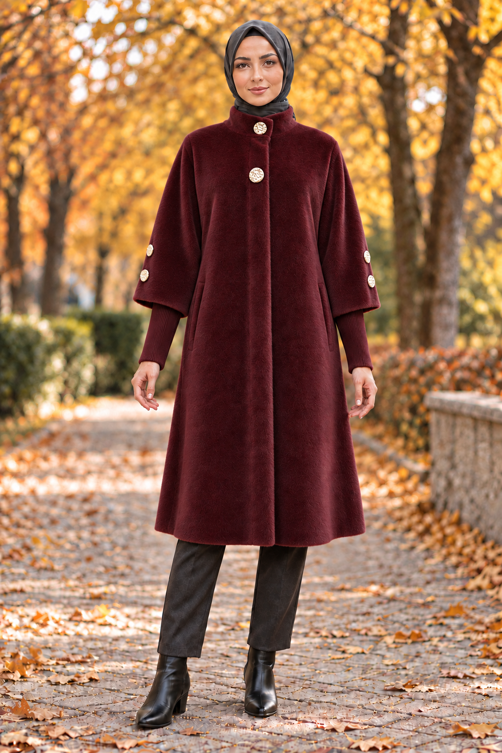 GOLD DÜĞMELİ UZUN KABAN-BORDO