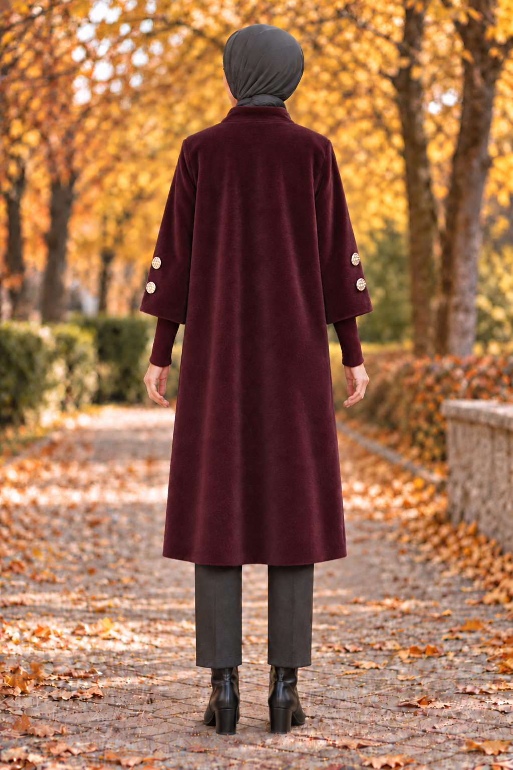 GOLD DÜĞMELİ UZUN KABAN-BORDO