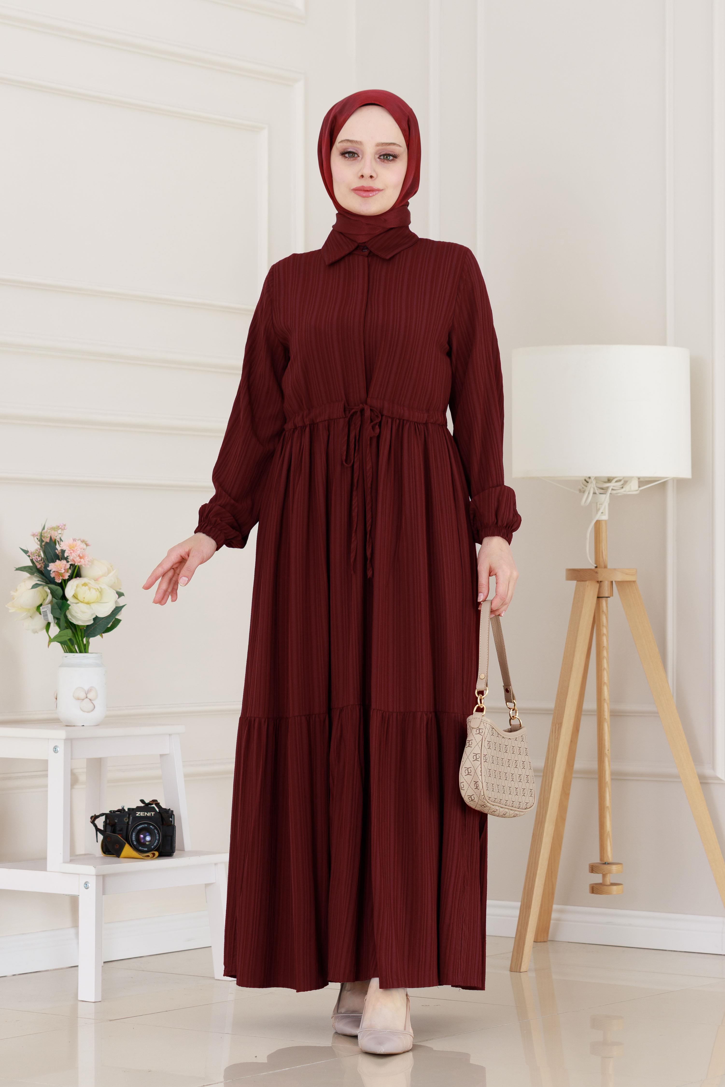 Gömlek Yaka Beli Tünelli Sare Elbise-Bordo