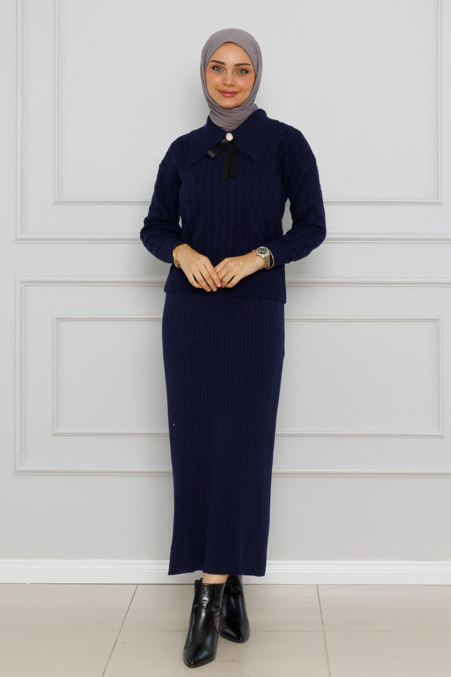 Knitted sweater dress Suit-Dark bleu color