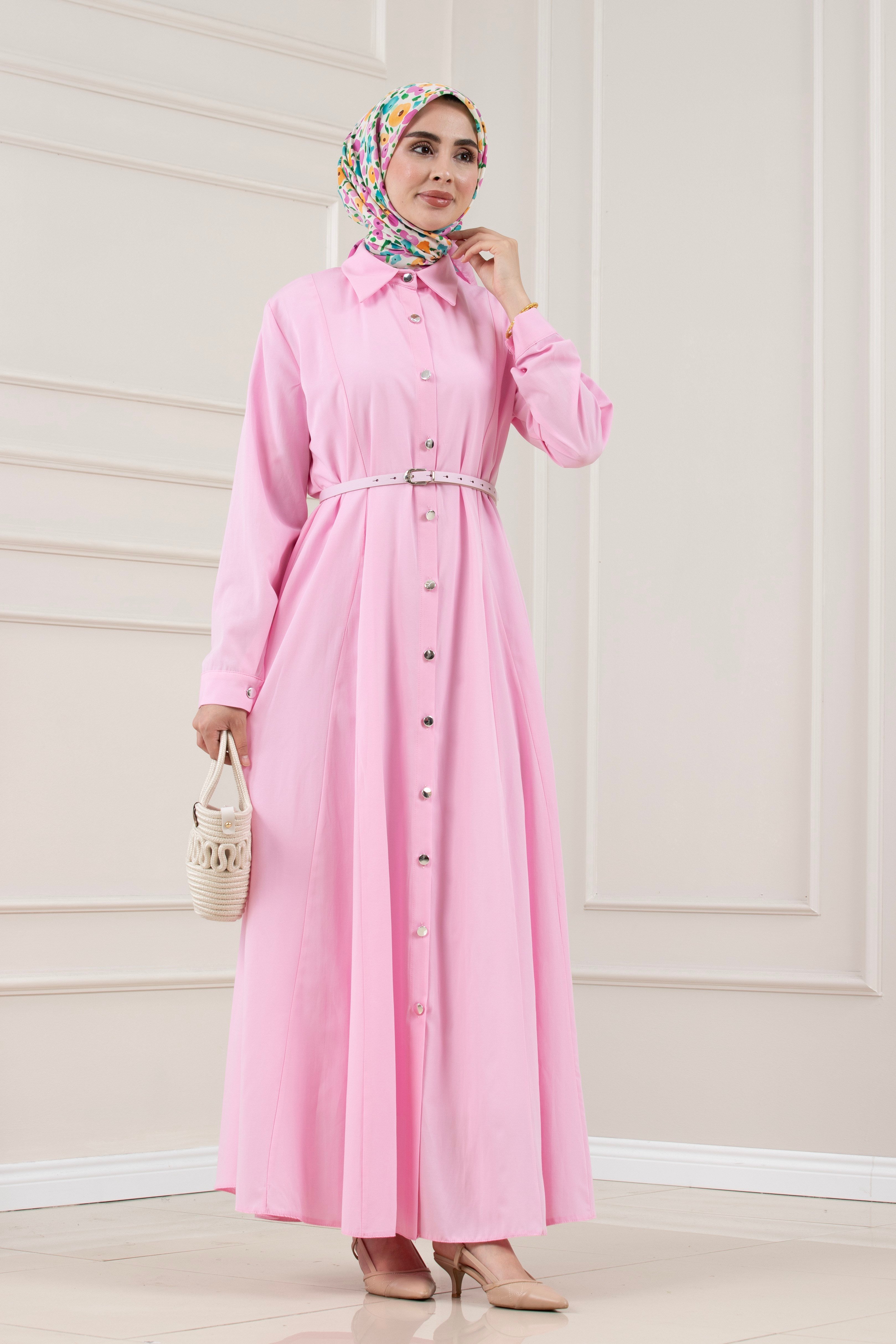 Gömlek Yaka Kemerli Berra Elbise-PEMBE