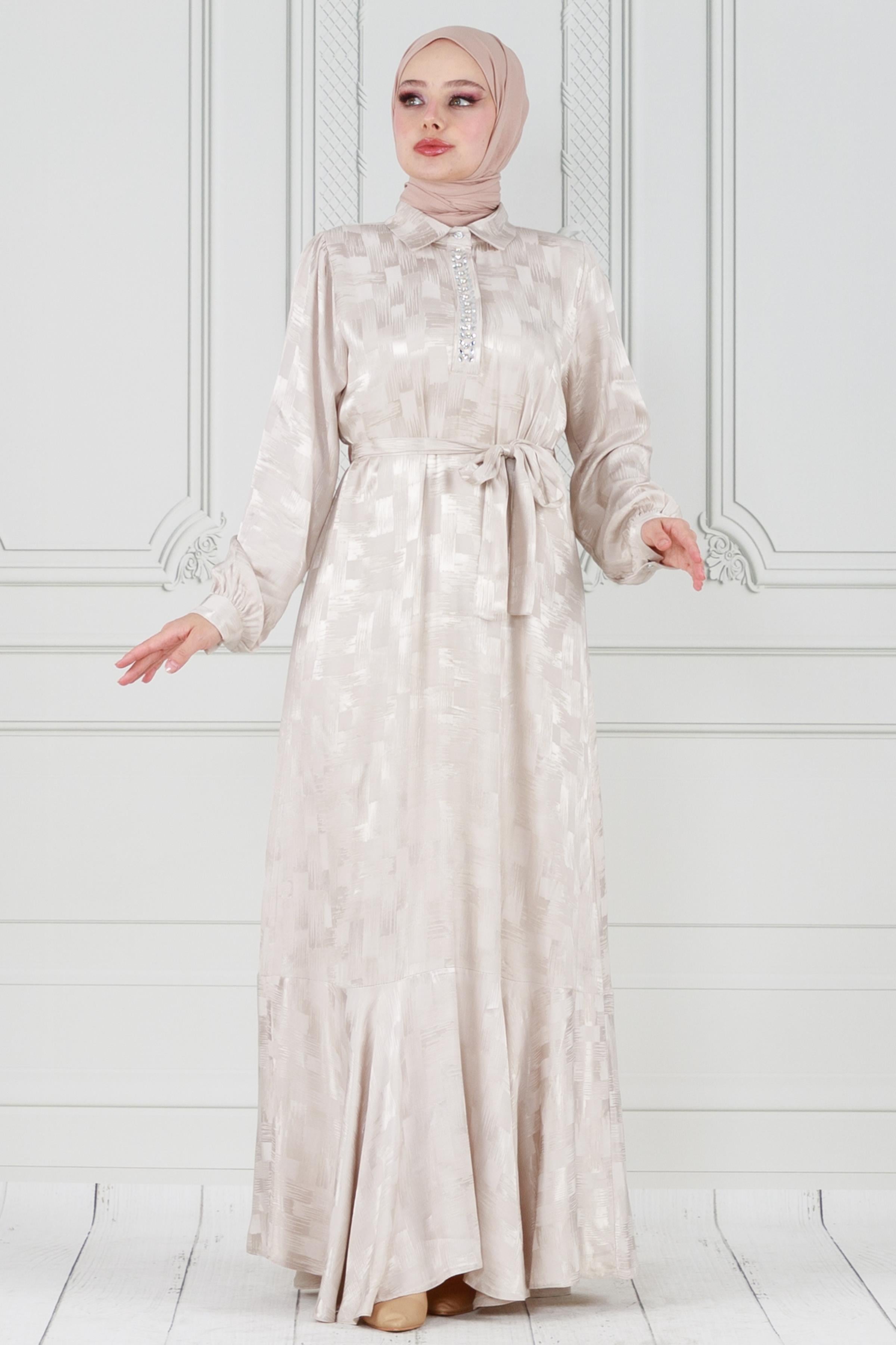 Satin evening dress with a collar decorated with stones - beige