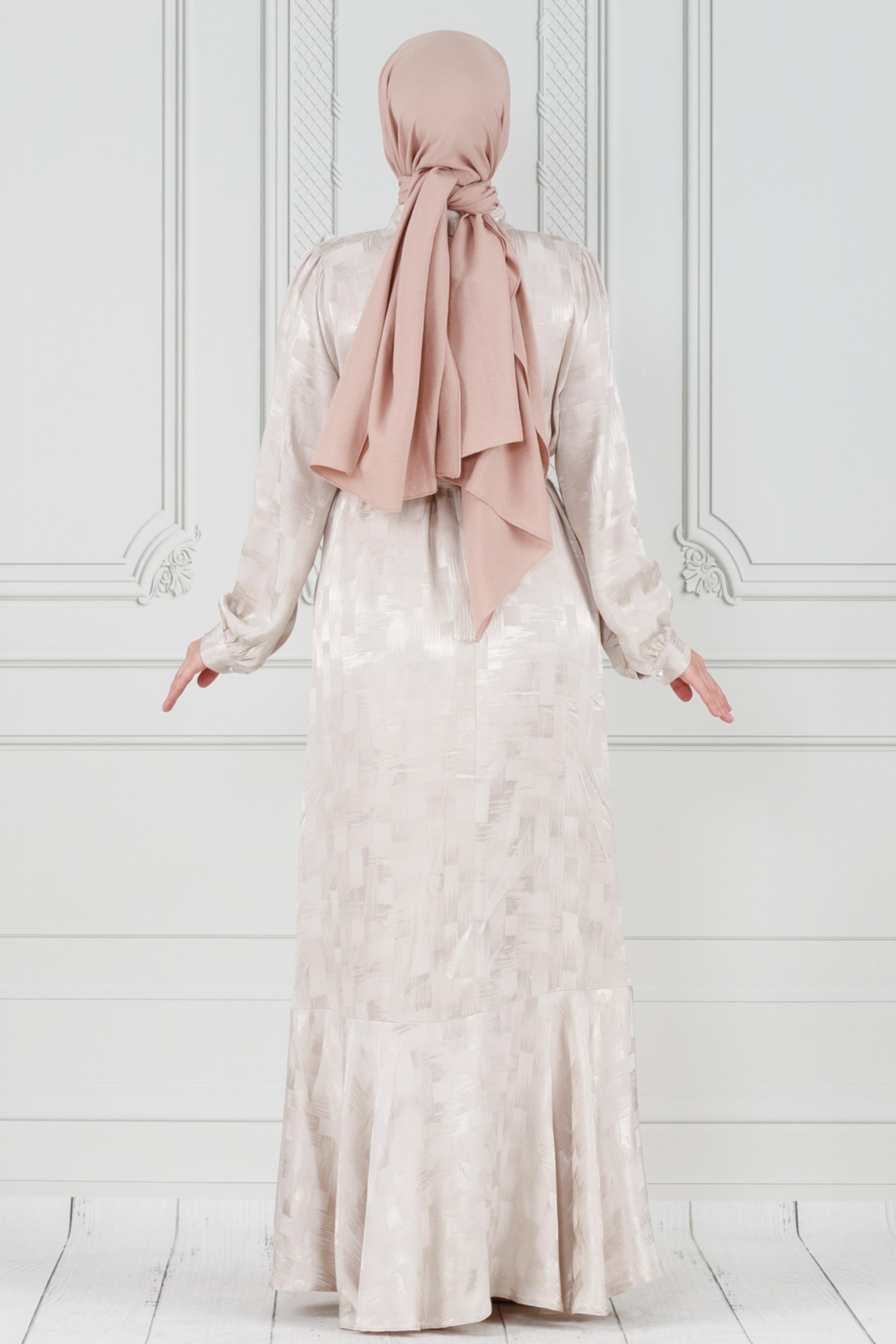 Satin evening dress with a collar decorated with stones - beige