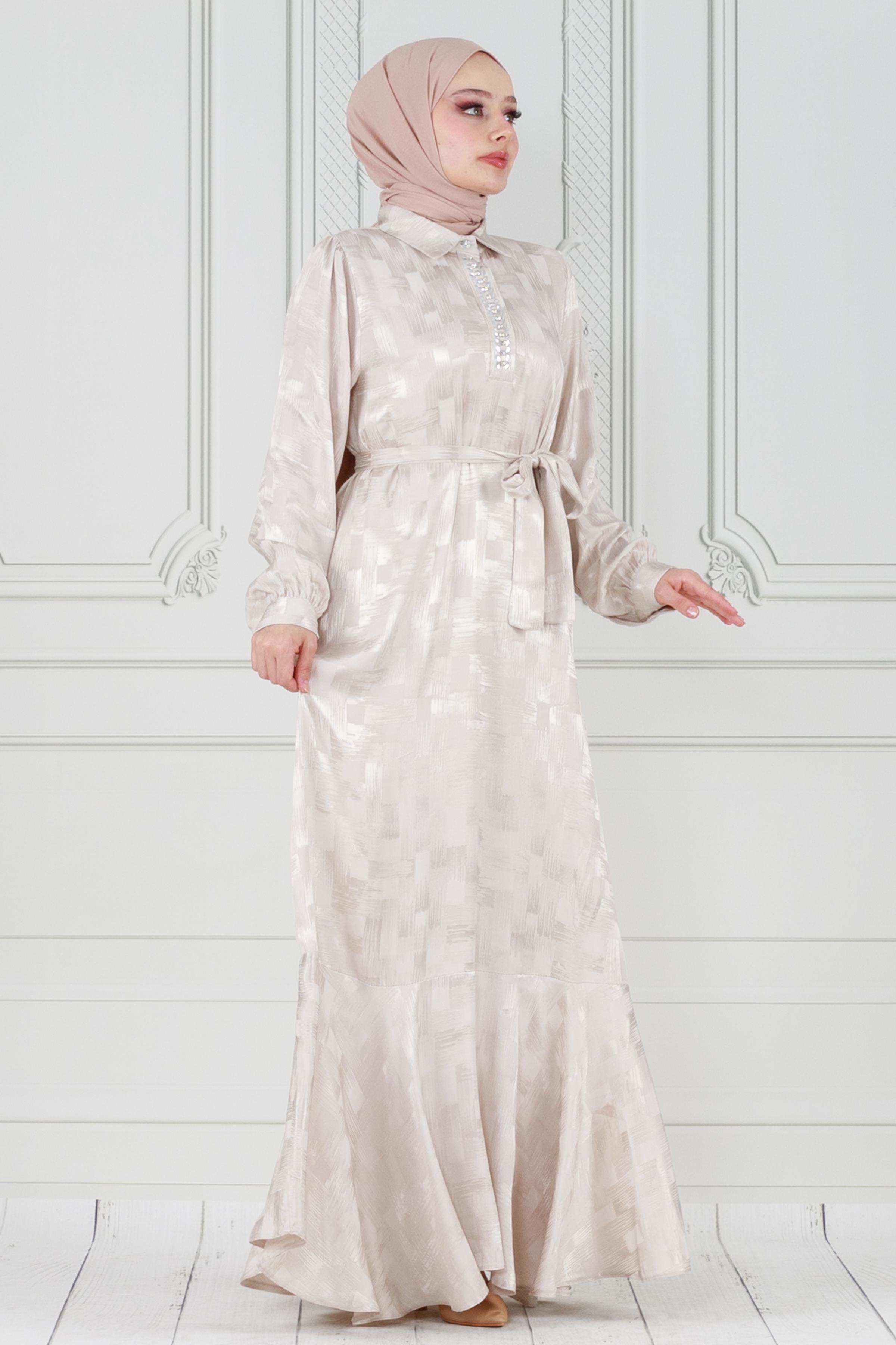 Satin evening dress with a collar decorated with stones - beige