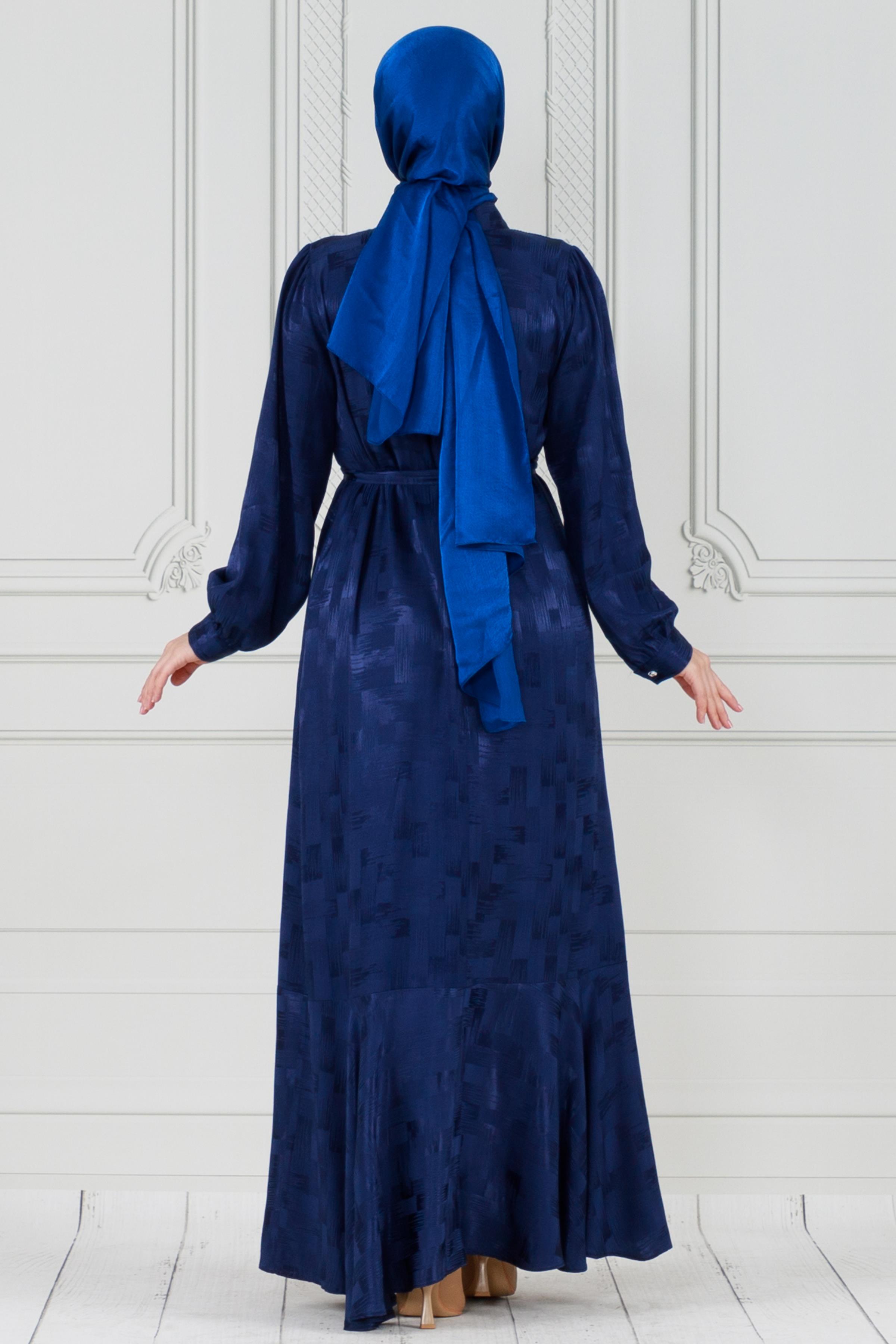 Satin evening dress with a collar decorated with stones - blue
