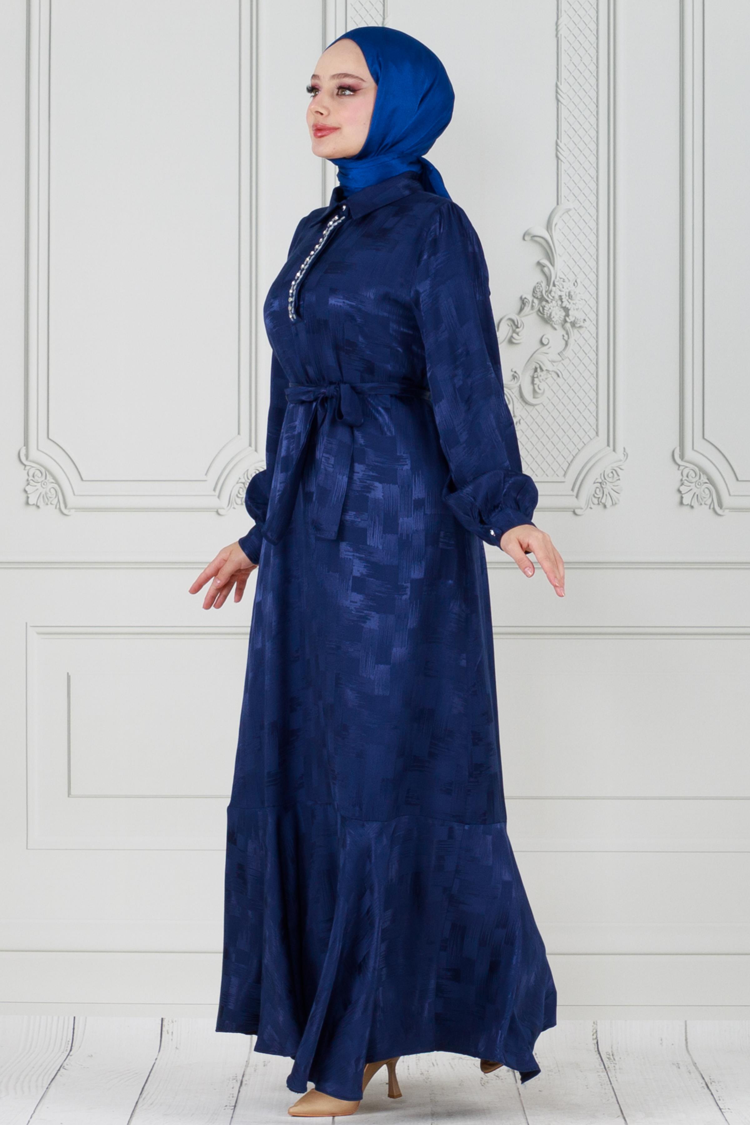 Satin evening dress with a collar decorated with stones - blue