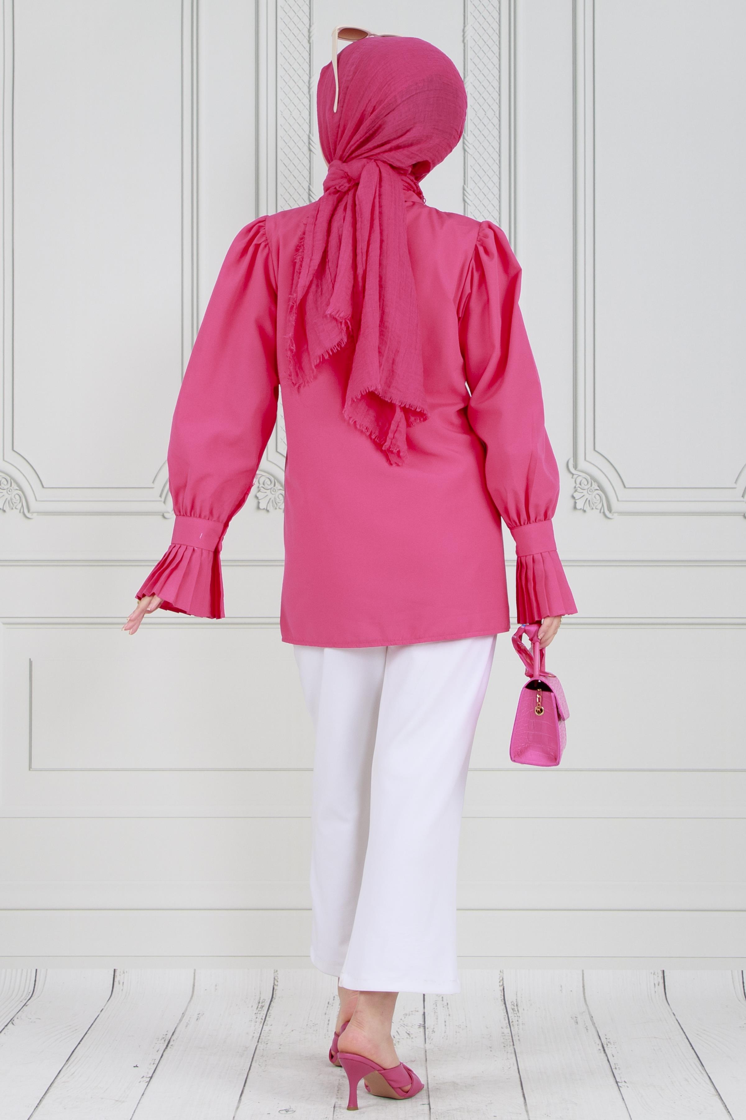 Tunic with Rose Brooch - Ruffled Sleeve -Fushia color 