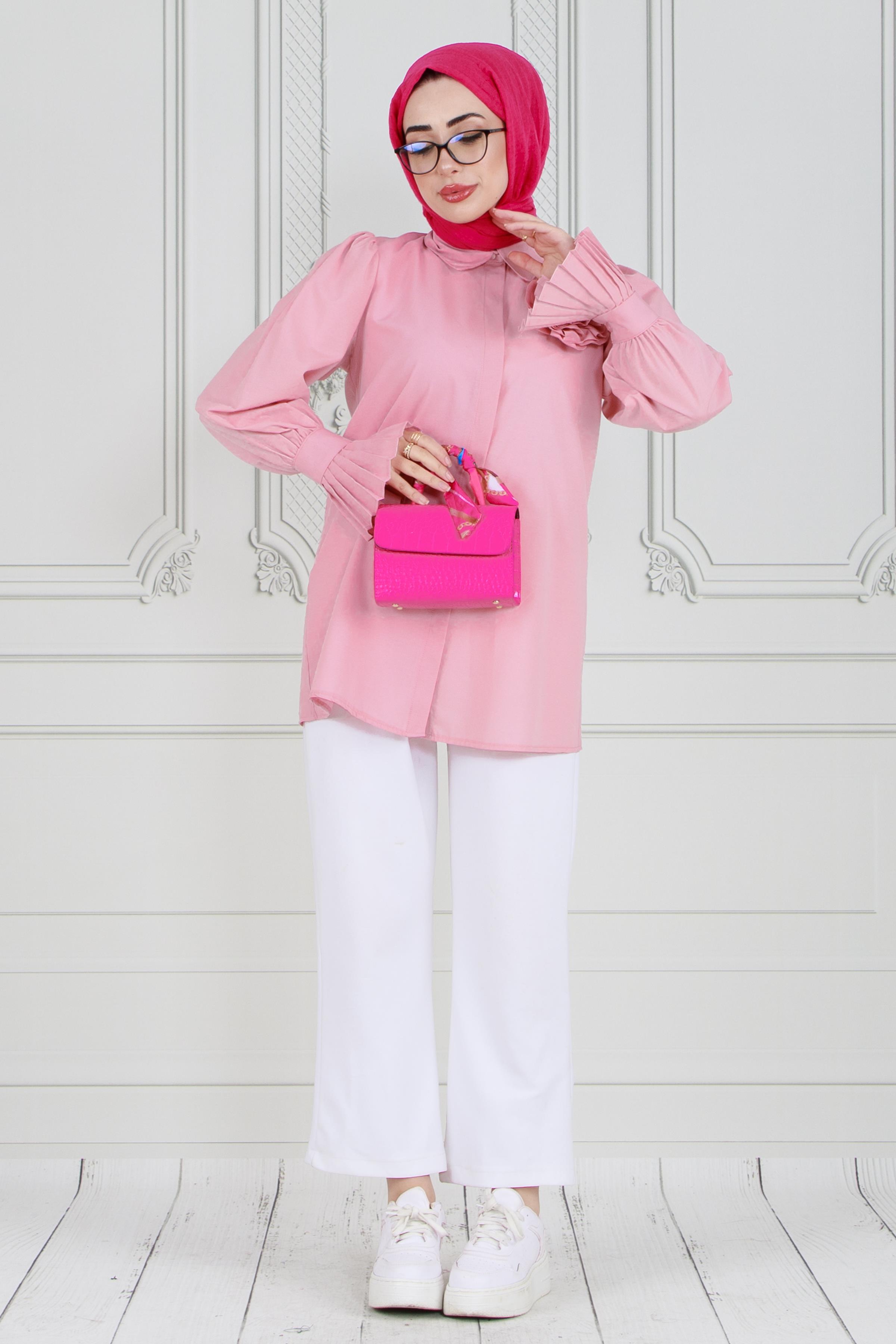 Tunic with Rose Brooch - Ruffled Sleeve -Pink color 
