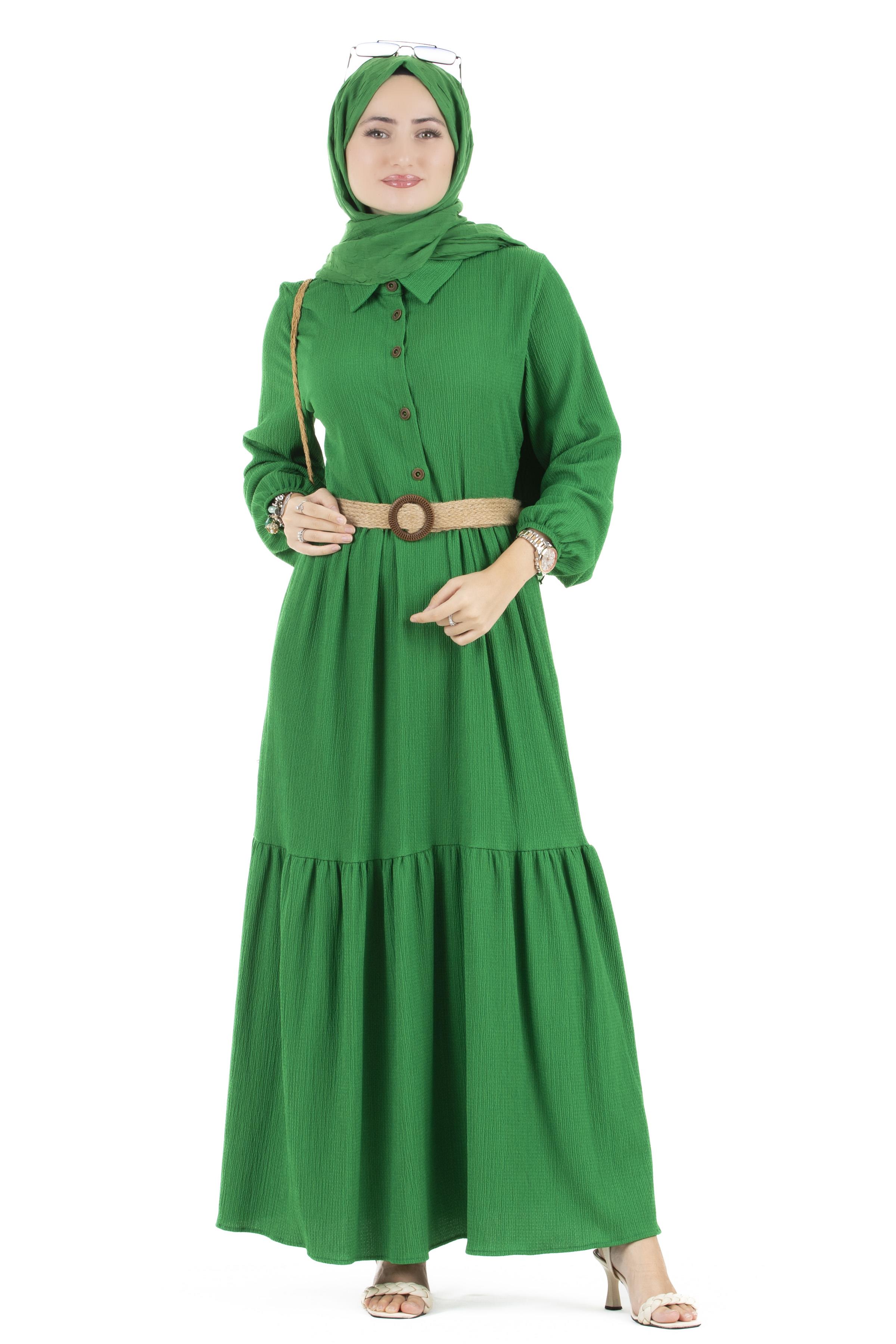 Hasır Kemerli Elbise-Benetton Yeşili