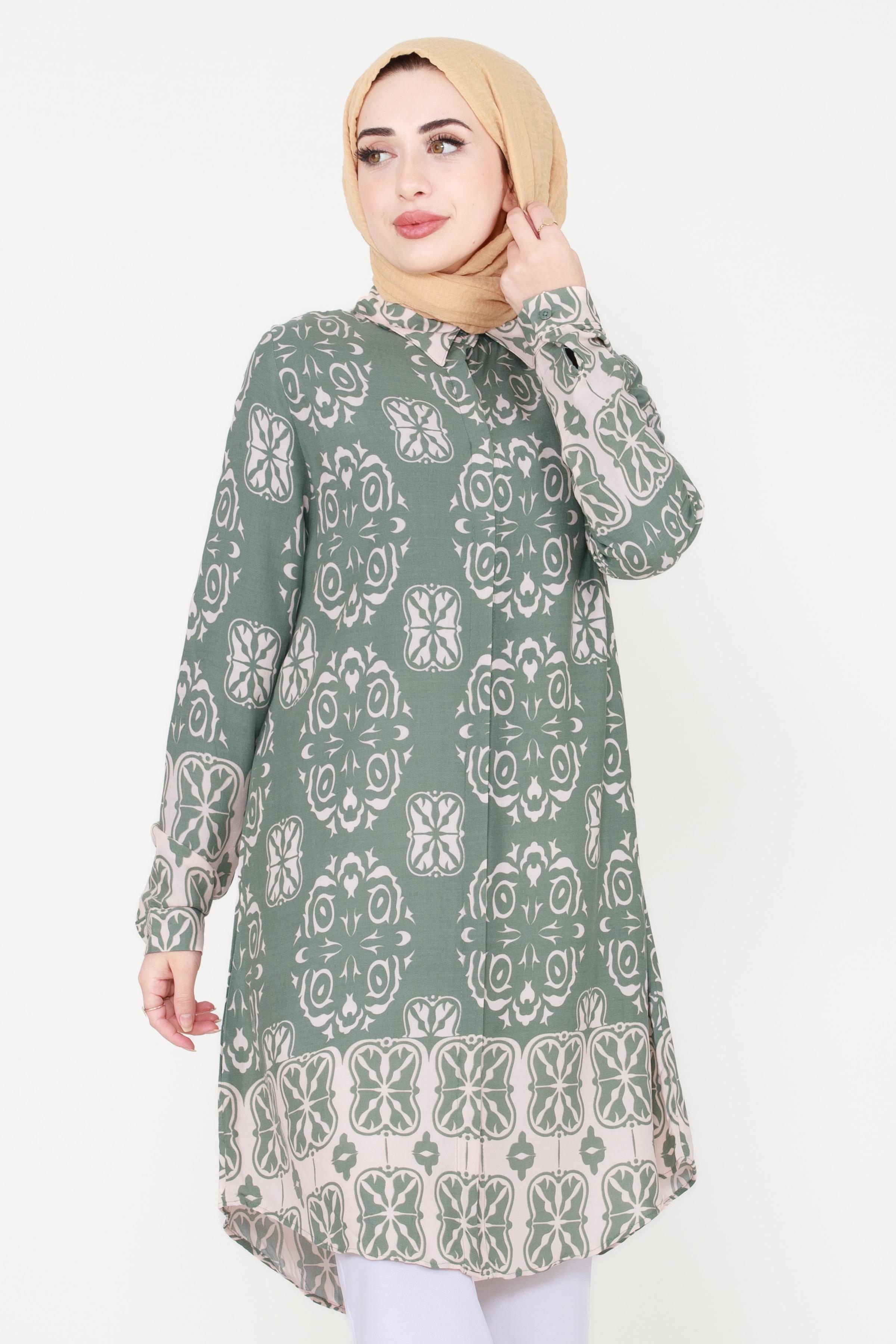 İkat Desen Viscon Tunik -Mint Yeşili