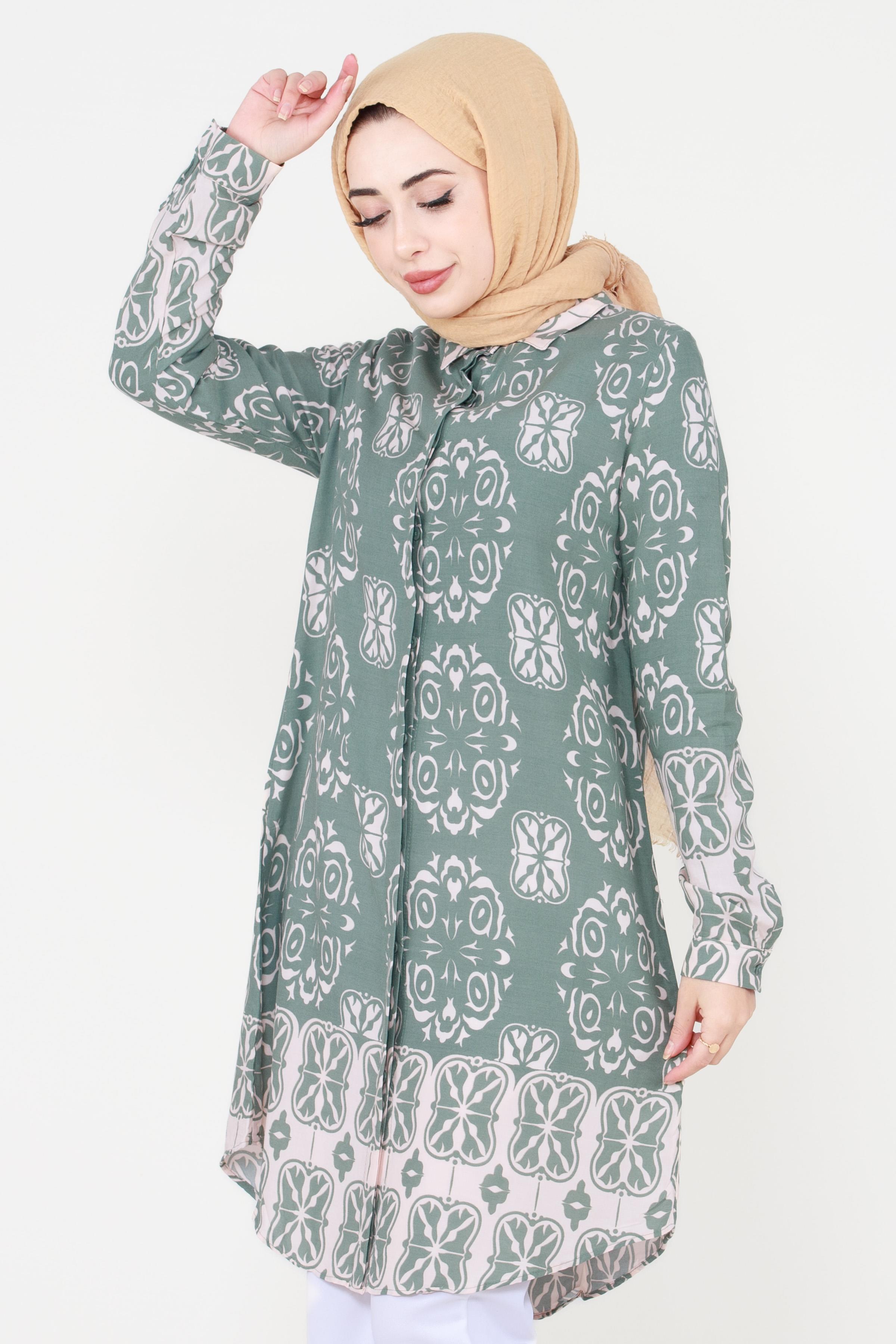 İkat Desen Viscon Tunik -Mint Yeşili