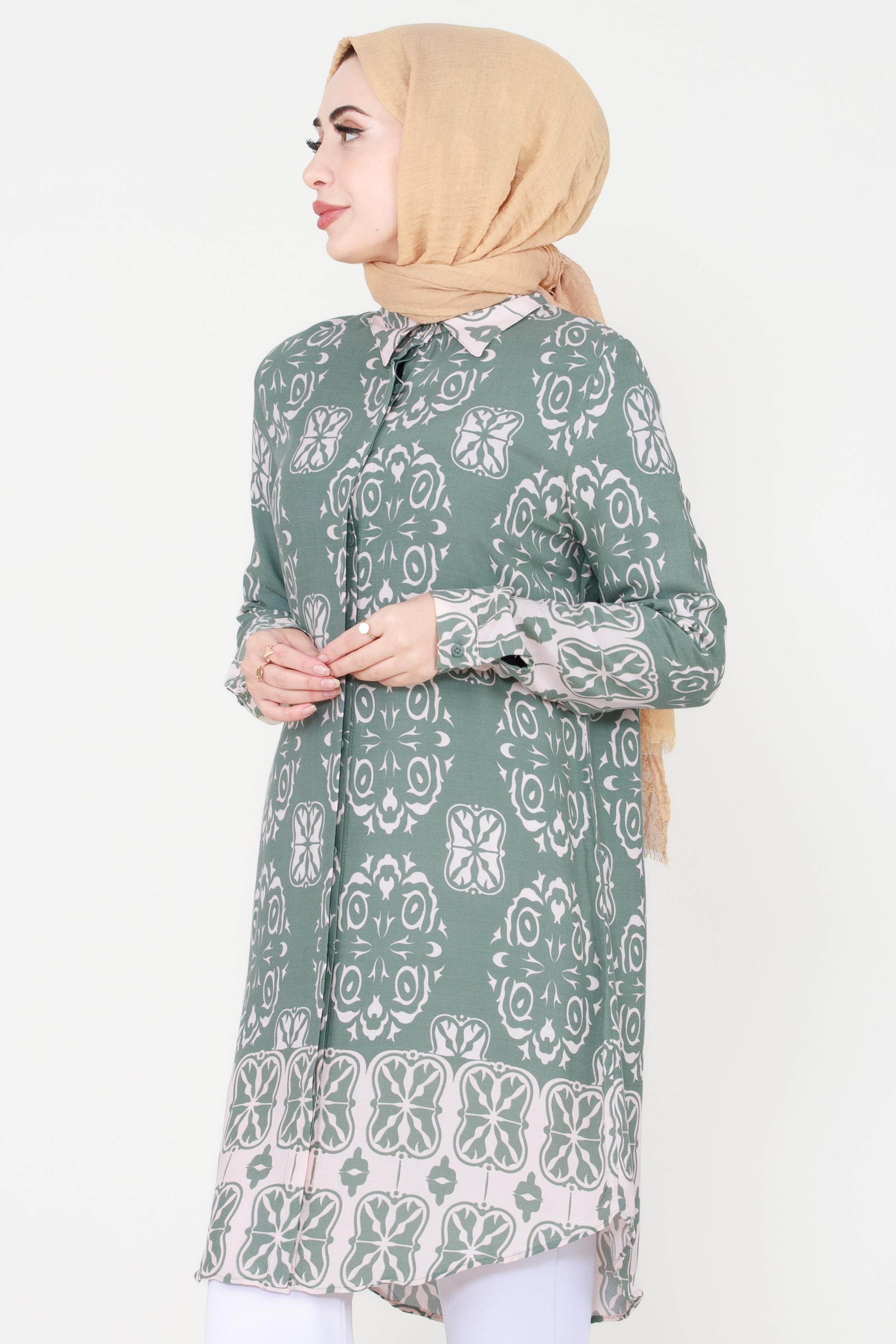İkat Desen Viscon Tunik -Mint Yeşili