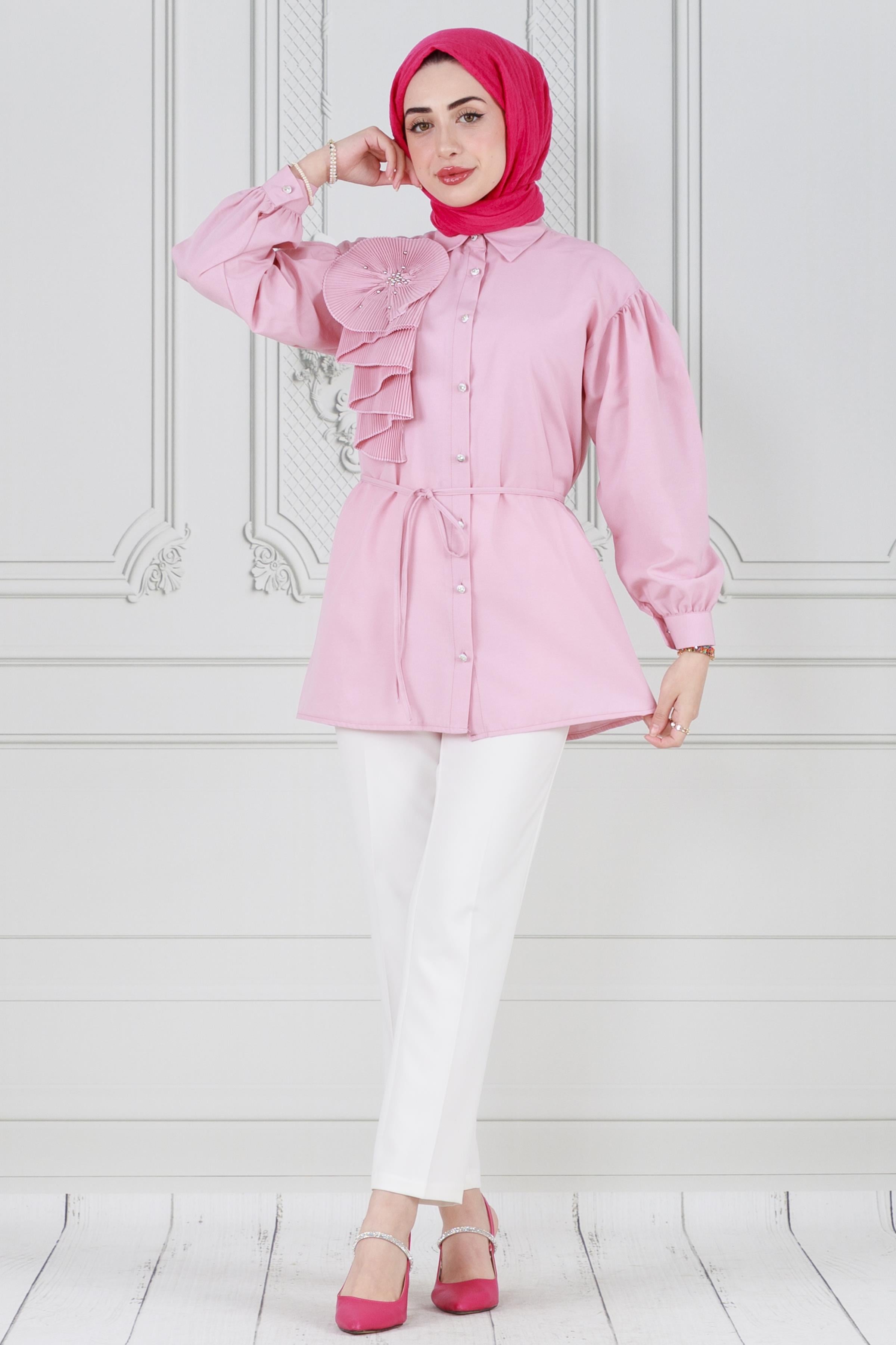 Ruffled Tunic with flower detail -Pink