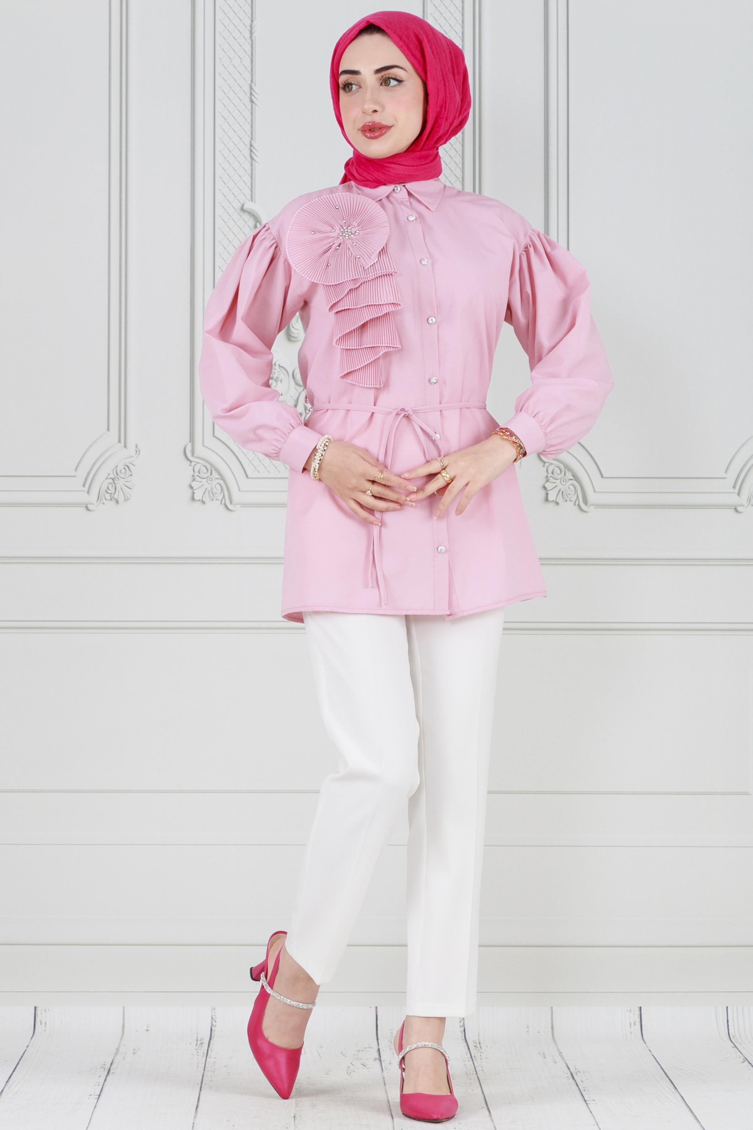 Ruffled Tunic with flower detail -Pink