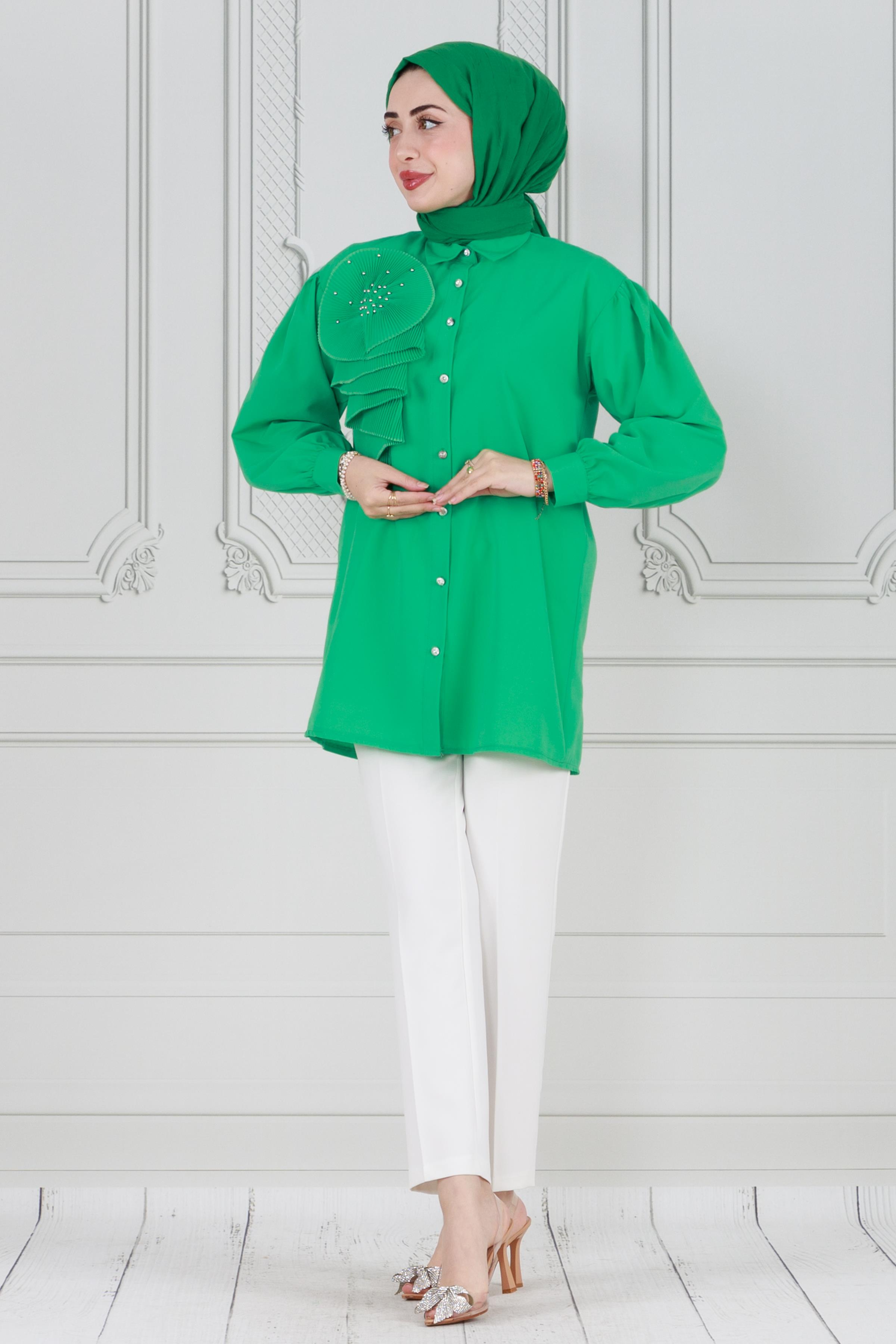 Ruffled Tunic with flower detail -Green