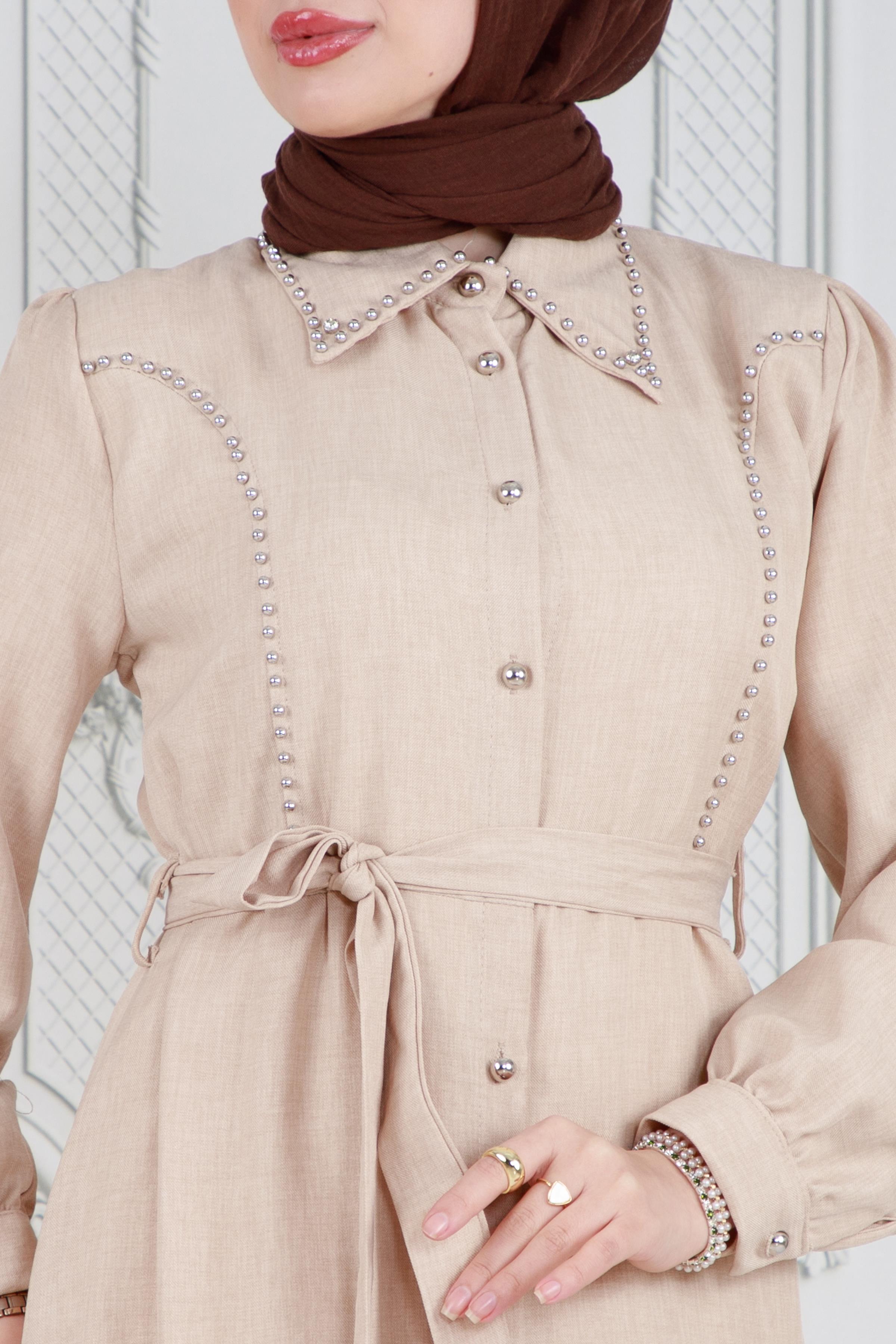 Pearl Beaded  and Buttoned Linen Dress-Beige color 