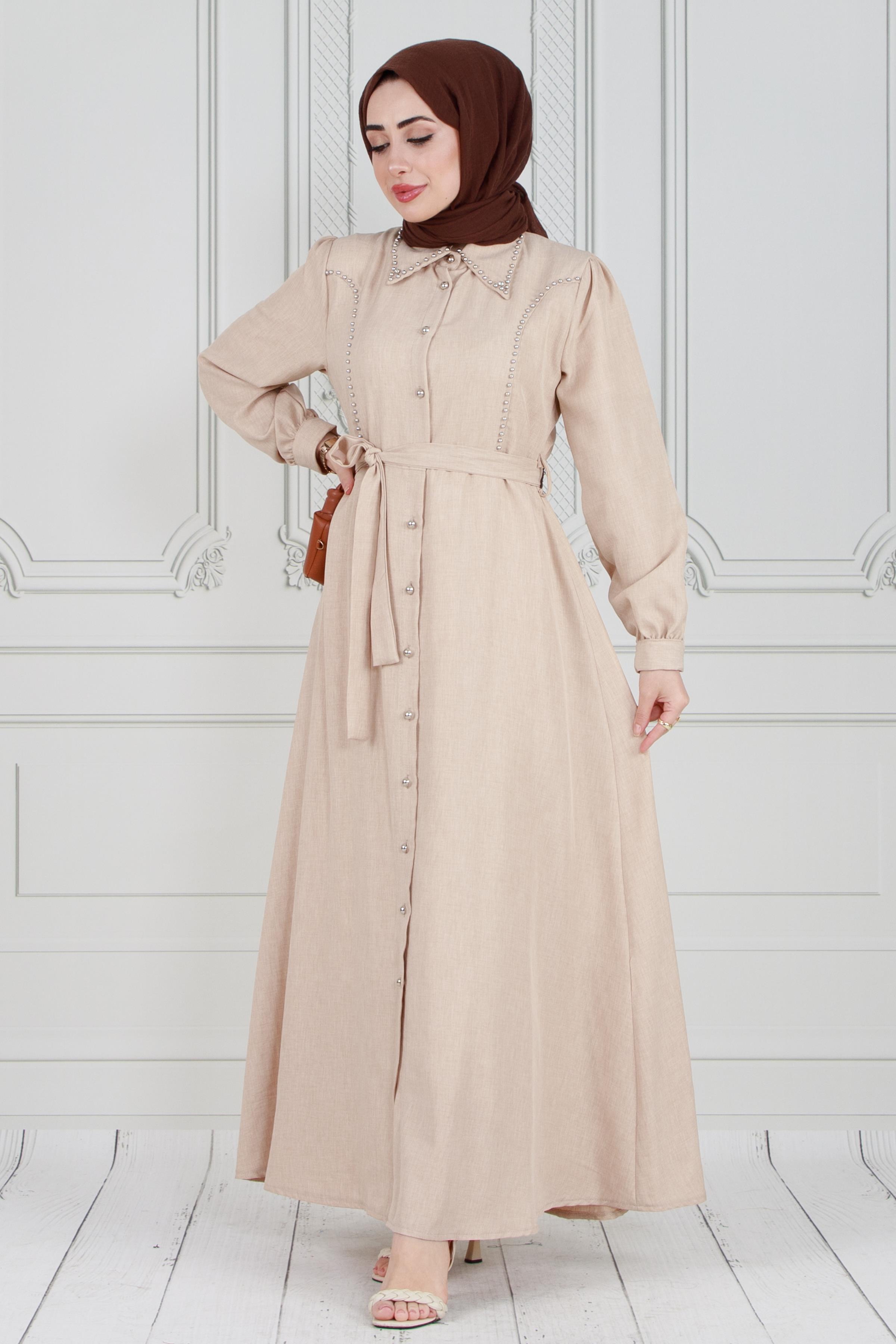 Pearl Beaded  and Buttoned Linen Dress-Beige color 