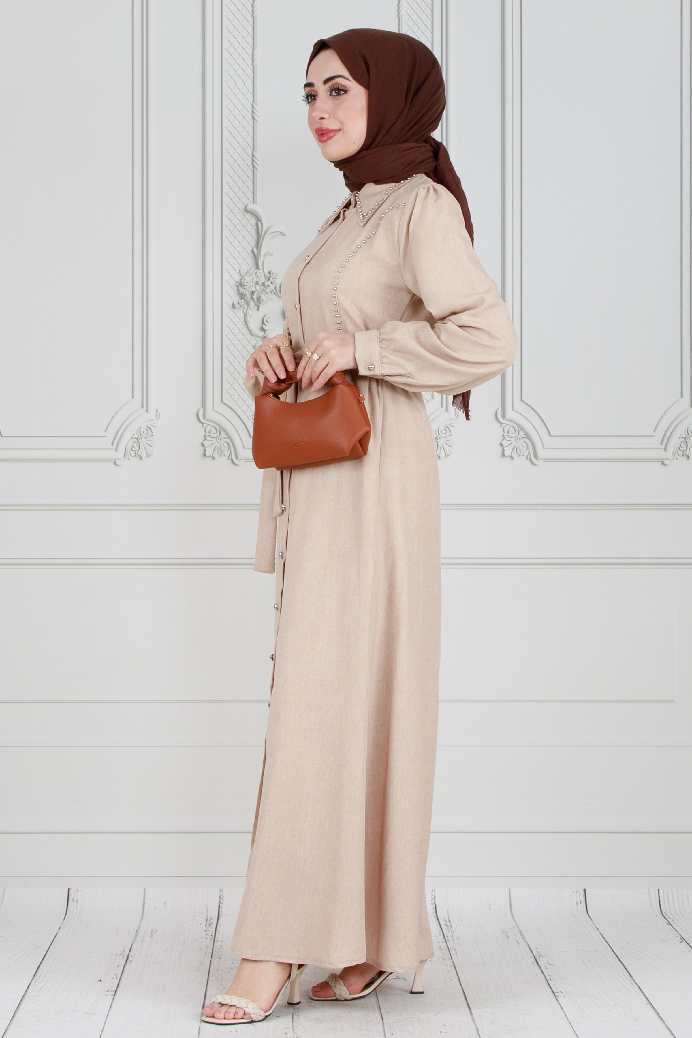Pearl Beaded  and Buttoned Linen Dress-Beige color 