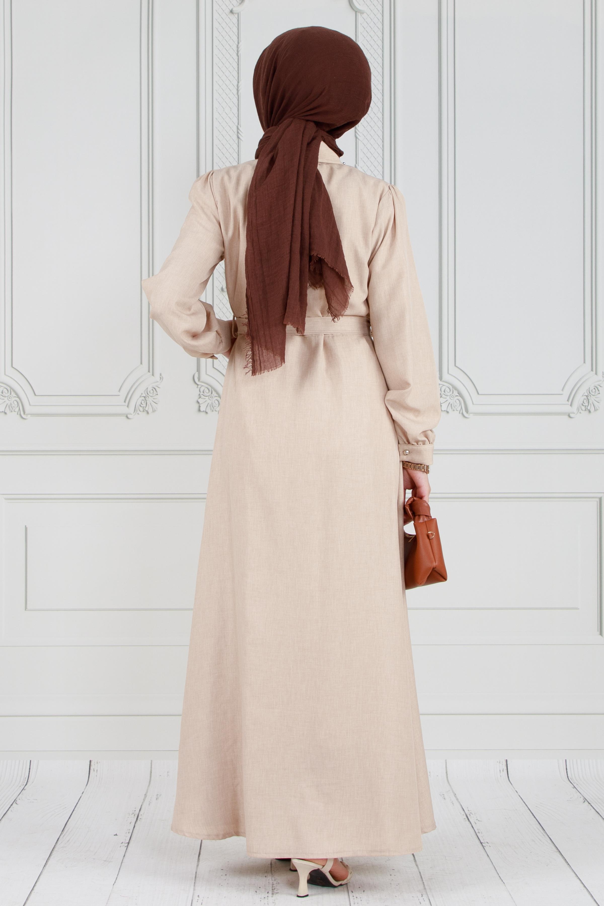 Pearl Beaded  and Buttoned Linen Dress-Beige color 