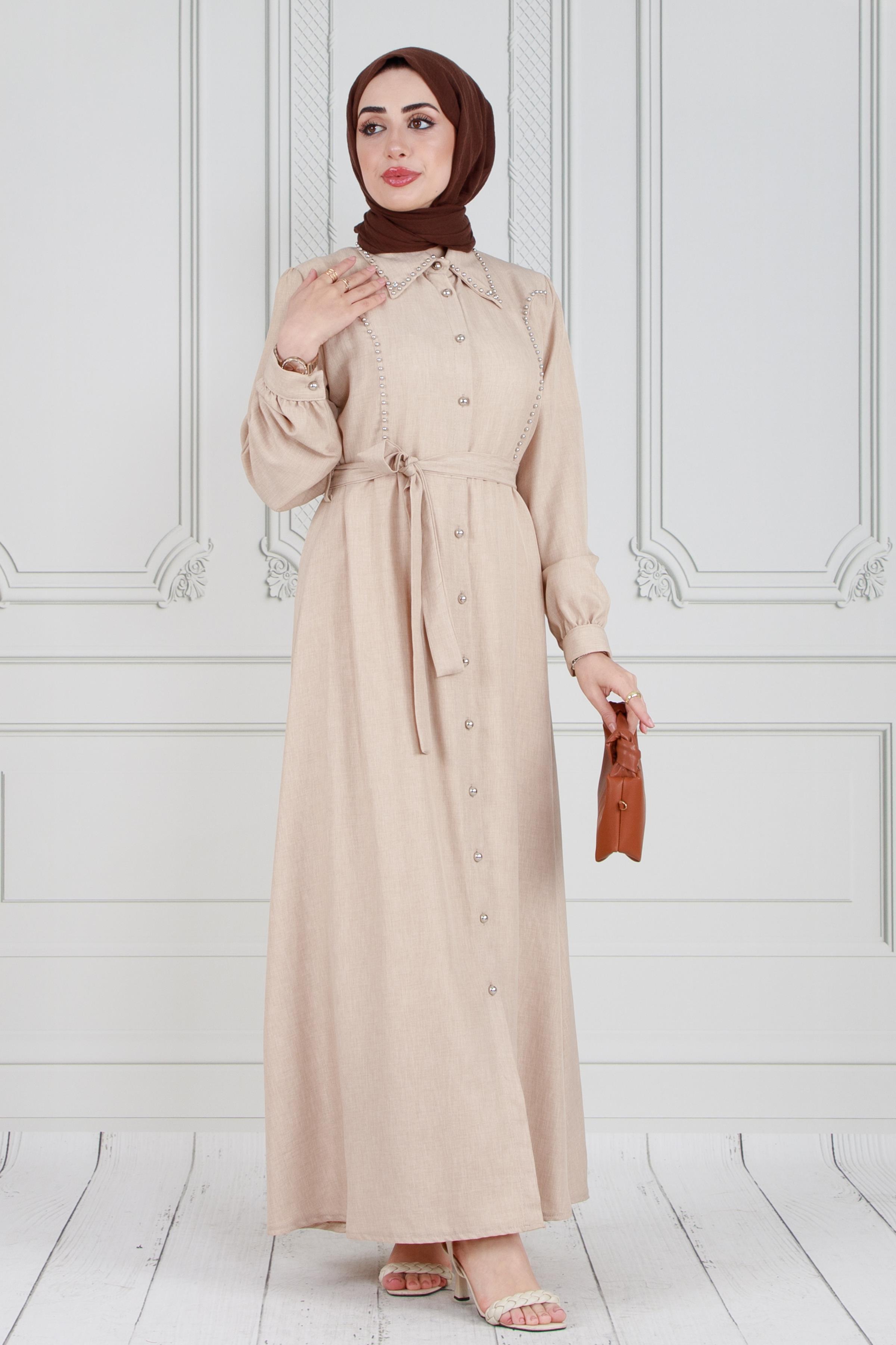 Pearl Beaded  and Buttoned Linen Dress-Beige color 
