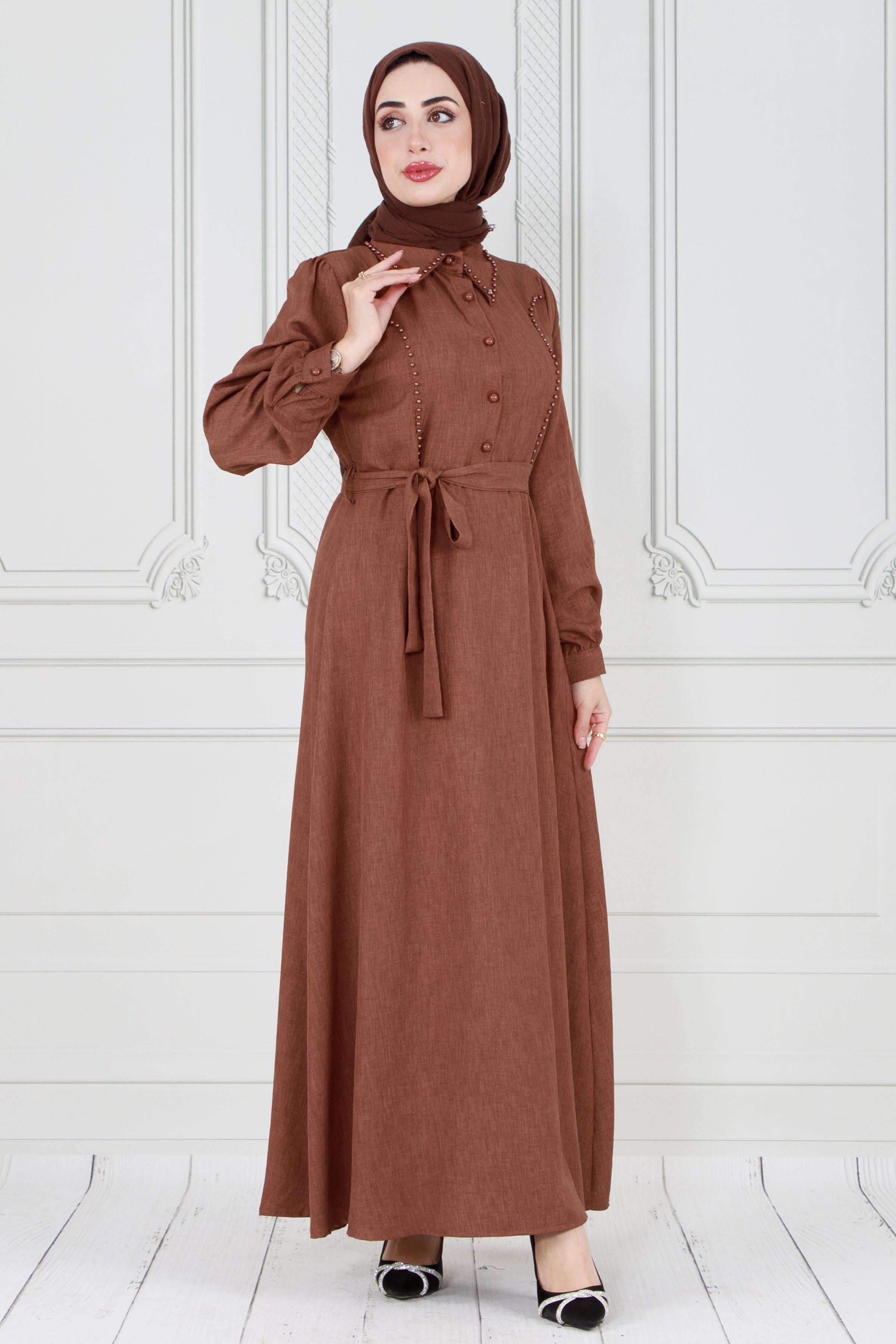 Pearl detailed and belted hijab dress-Brown