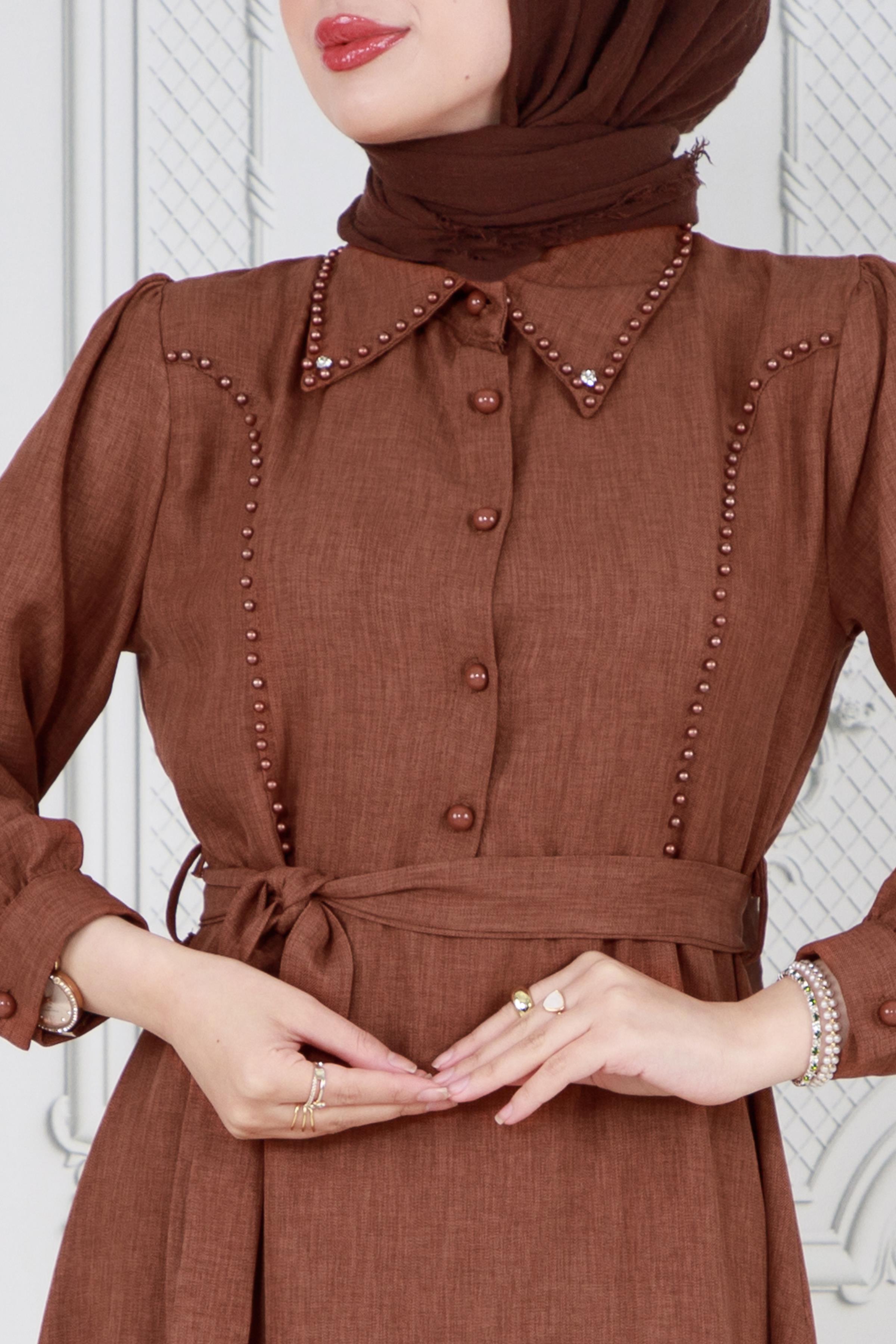 Pearl detailed and belted hijab dress-Brown